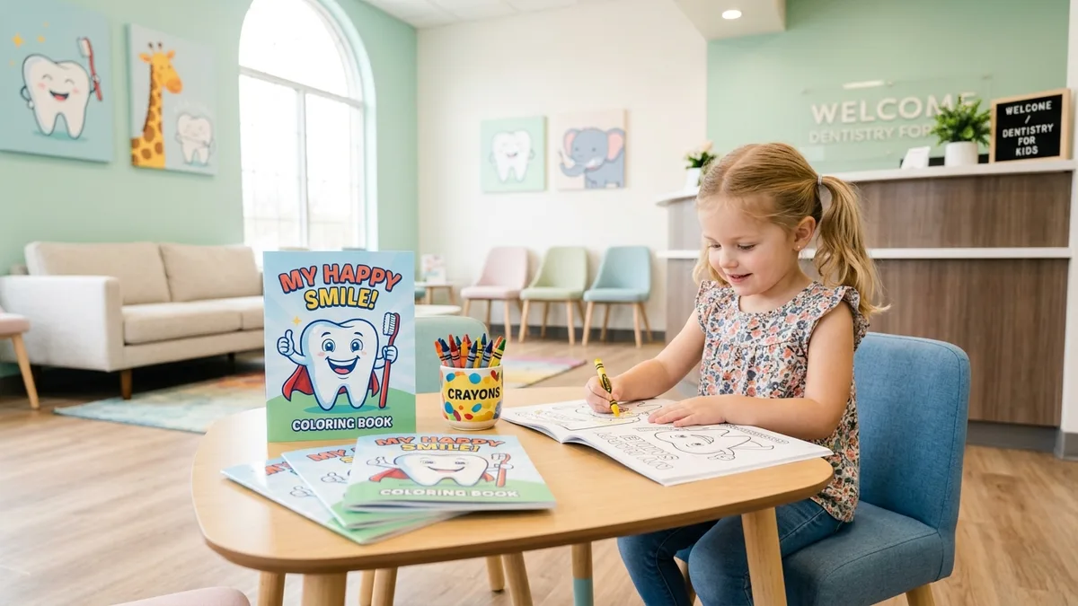 Custom coloring books for businesses displayed in a dentist waiting room