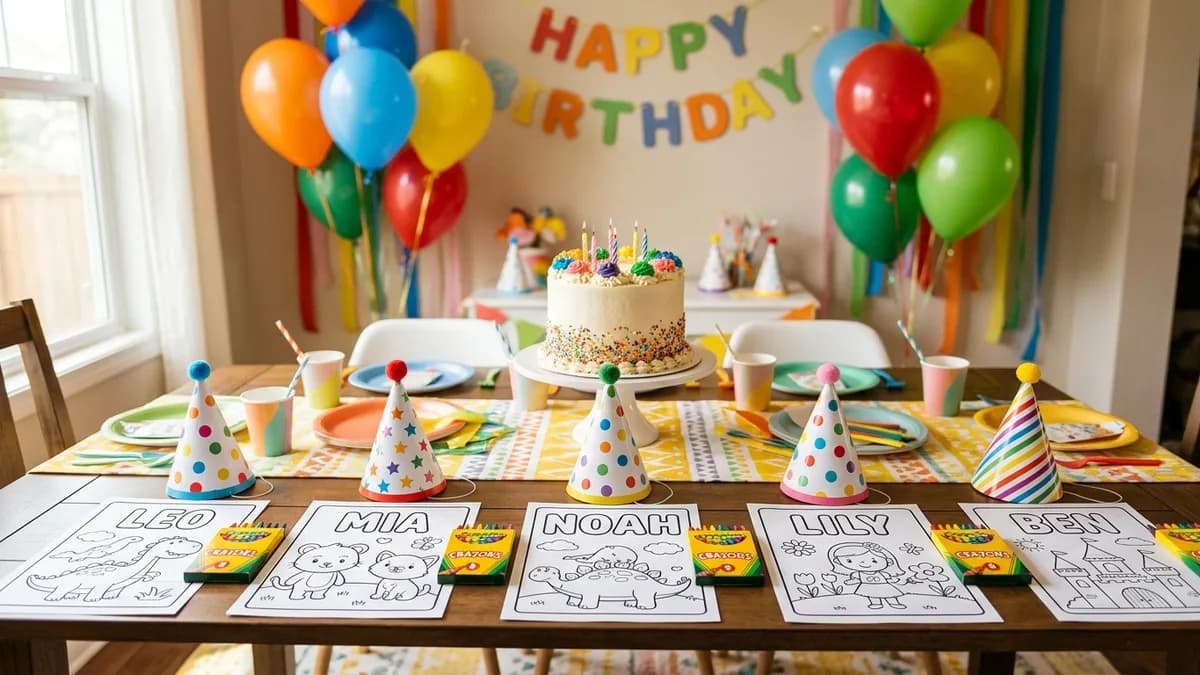 Birthday party table with custom coloring pages and crayons at each guest seat