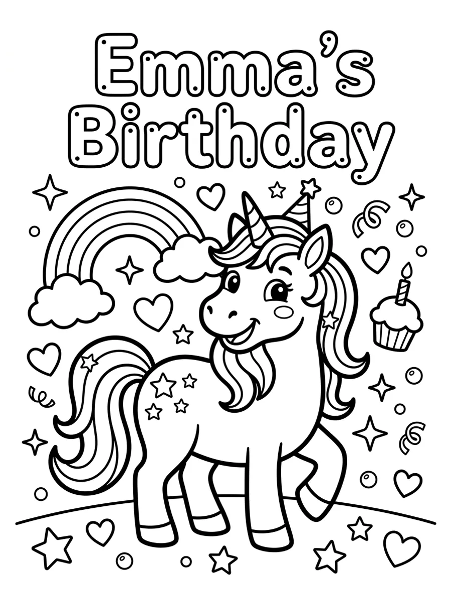 Custom coloring page with the name Emma in bubble letters and a unicorn theme