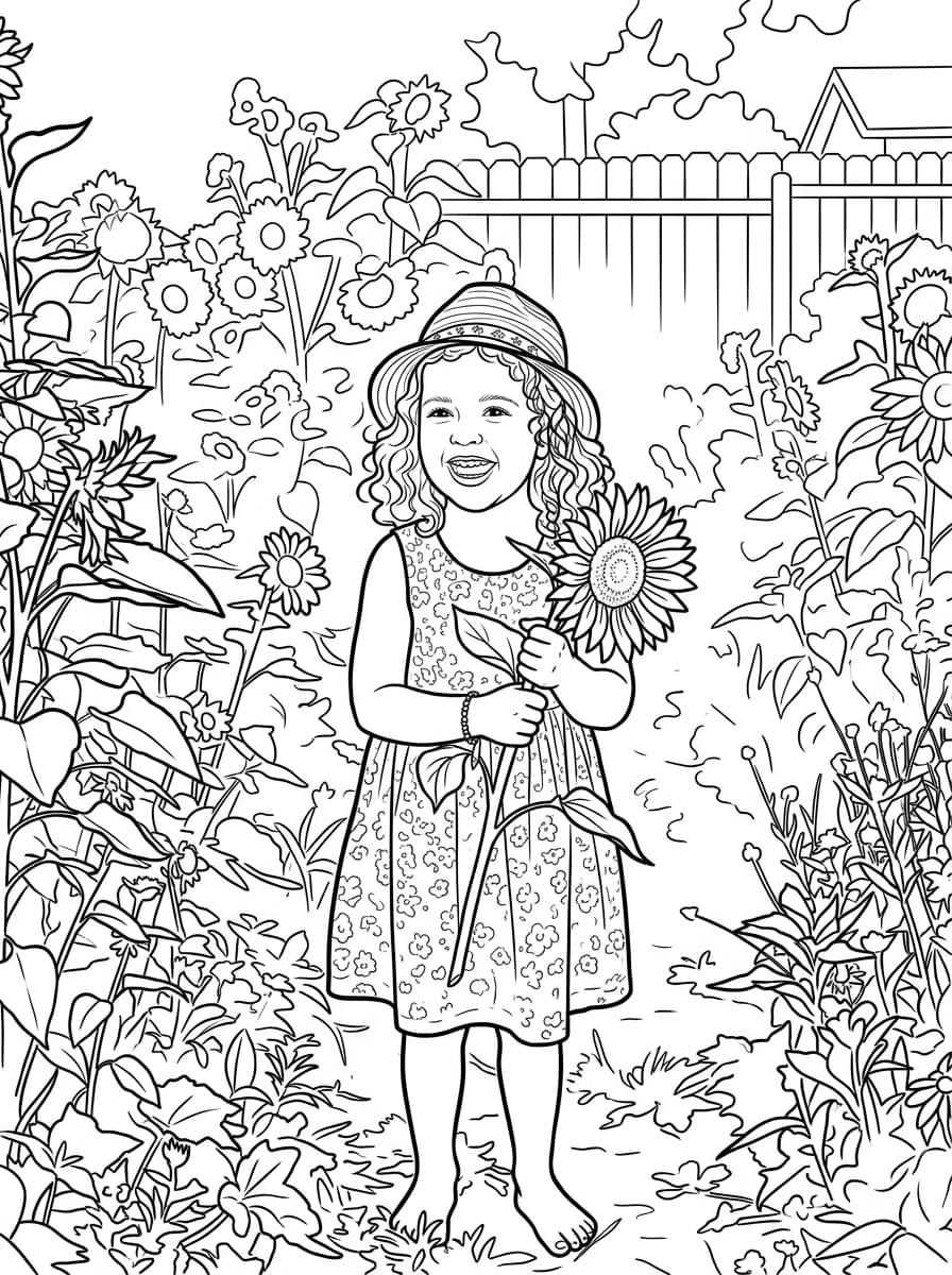 Coloring page outline of Toddler in Sunflowers