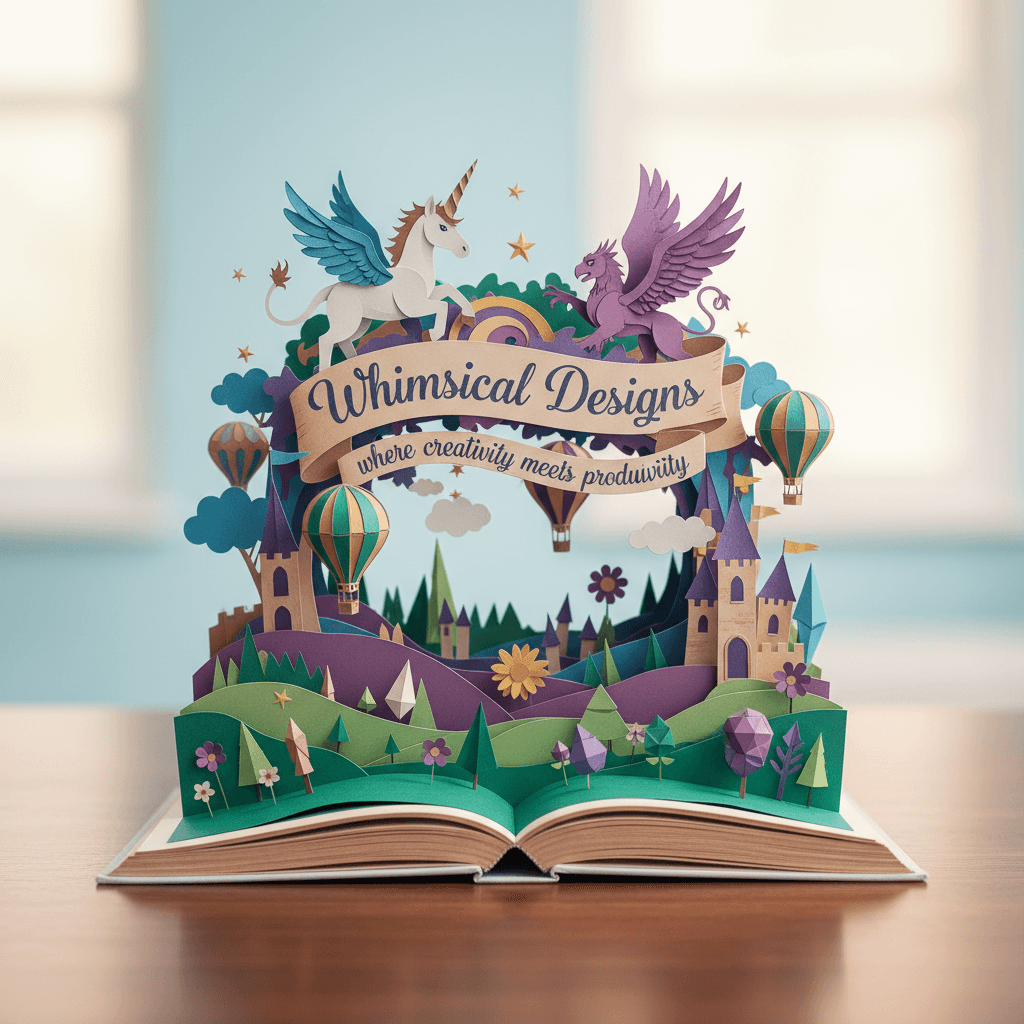 Multi-layered foldable paper sculpture pop-up book, placed on a desk, with a clean background highlighting the main subject. The book presents a 3D flip-book style, with a 2:3 vertical aspect ratio. The open pages displays the exact words Whimsical Designs, where creativity meets productivity. All elements are finely foldable and assembled, showcasing a realistic and delicate texture of folded paper. The composition uniformly adopts a frontal perspective, with an overall dreamy and beautiful visual style, vibrant and gorgeous colors, full of a fantastical and lively story atmosphere.