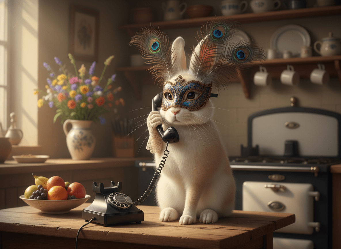 A graceful, anthropomorphic doe rabbit is sitting elegantly on a rustic wooden kitchen table. She is wearing an intricate, Venetian-style masquerade mask with delicate feather details. In one paw, she is holding the receiver of a vintage, rotary-dial corded telephone. The scene is illuminated by soft morning light filtering through a nearby window, creating a warm and slightly whimsical atmosphere. The kitchen in the background is cozy and slightly out of focus, with a vase of fresh flowers visible. The image should be highly detailed, with a focus on the texture of the rabbit's fur and the ornate details of the mask. Cinematic lighting, sharp focus, masterpiece.