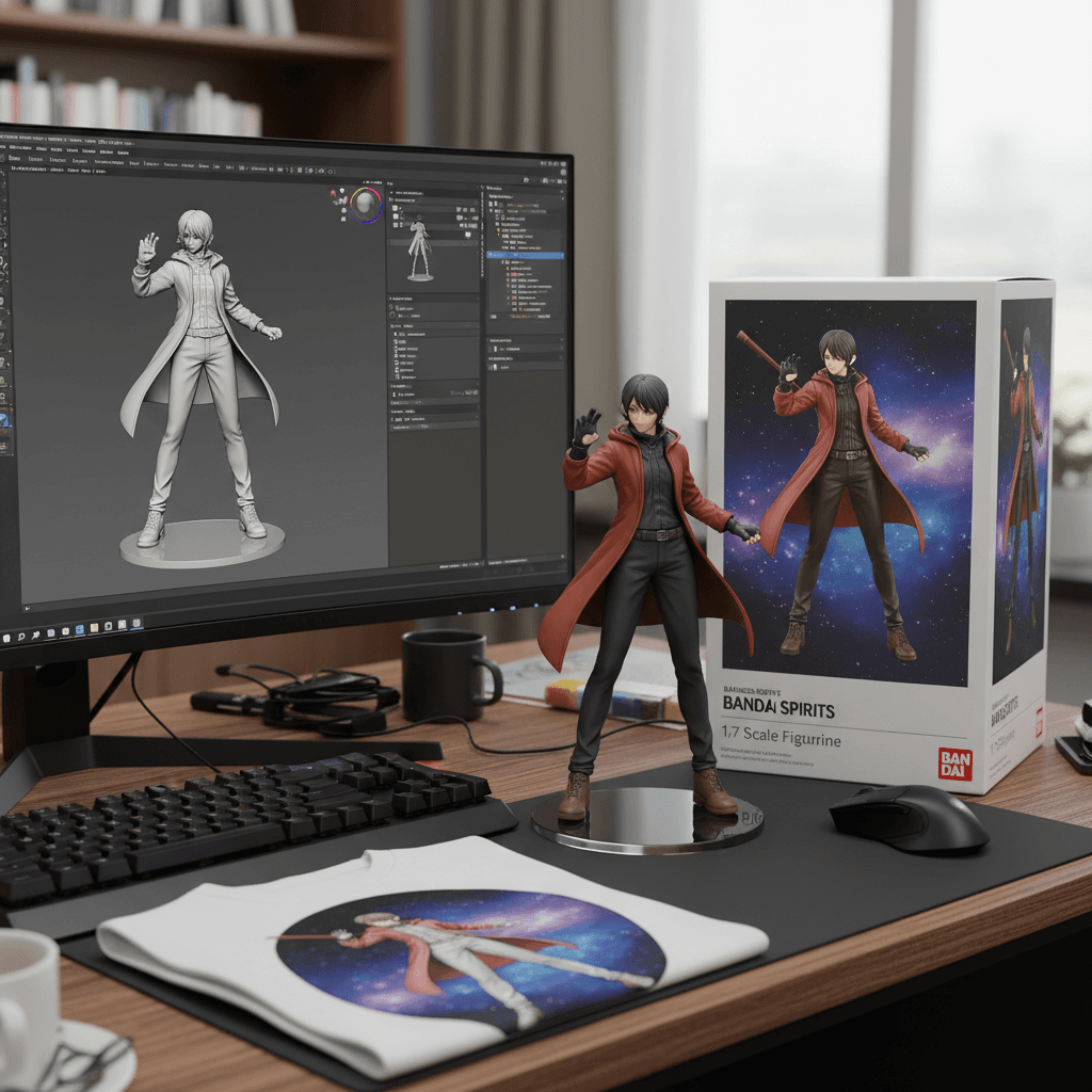 create a 1/7 scale commercialized figurine of the characters in the picture, in a realistic style, in a real environment. The figurine is placed on a computer desk. The figurine has a round transparent acrylic base, with no text on the base. The content on the computer screen is the Zbrush modeling process of this figurine. Next to the computer screen is a BANDAI-style toy packaging box printed with the original artwork. The packaging features two-dimensional flat illustrations., t-shirt design