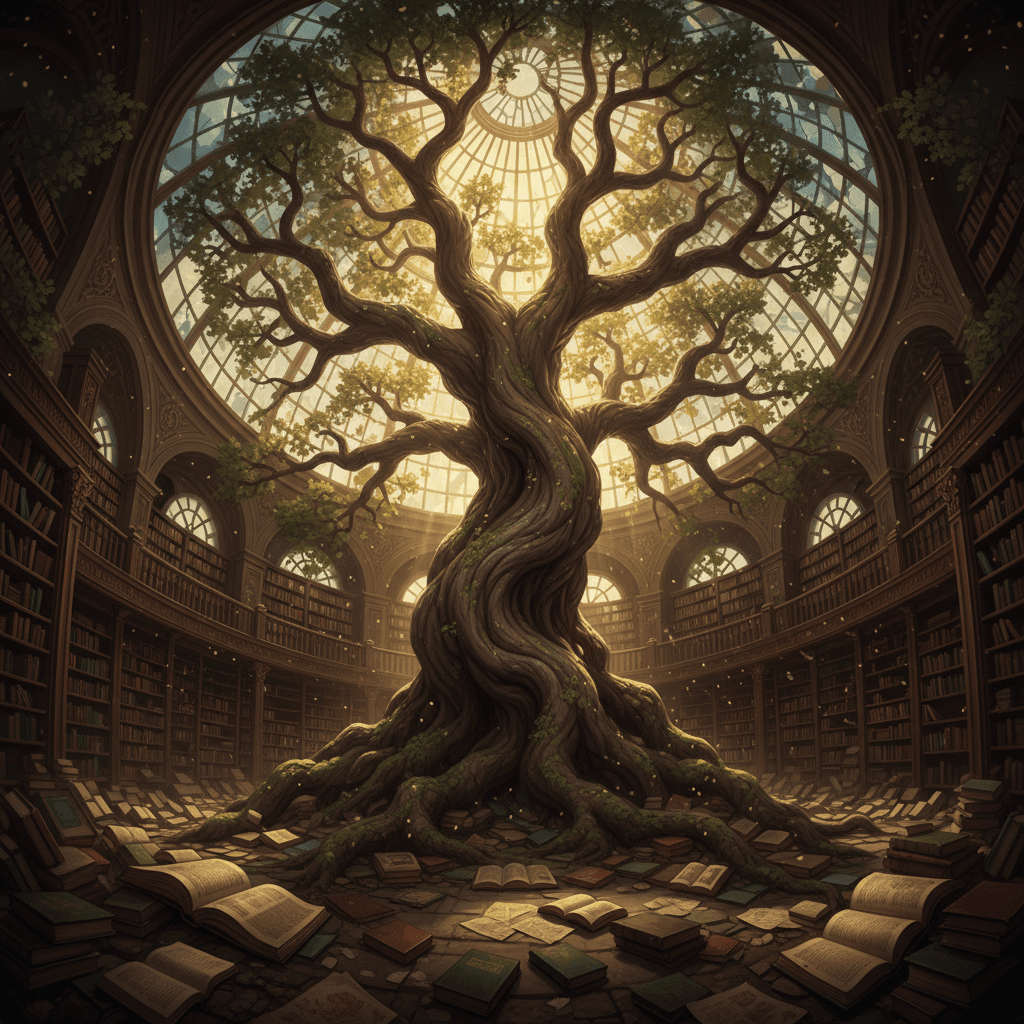 A hyperrealistic digital painting depicts a colossal, ancient tree growing inside a massive, abandoned library. Bookshelves stretch endlessly into the shadows, their contents spilling onto the floor, entwined with the tree's roots. Sunlight streams through a shattered glass ceiling, illuminating swirling dust motes and casting an ethereal glow on the scene. The color palette is dominated by warm browns and greens, contrasted by the cool blues of the distant, unseen sky. The composition is a wide angle shot, emphasizing the scale of the tree and the decaying grandeur of the library. Masterpiece, 4k resolution.