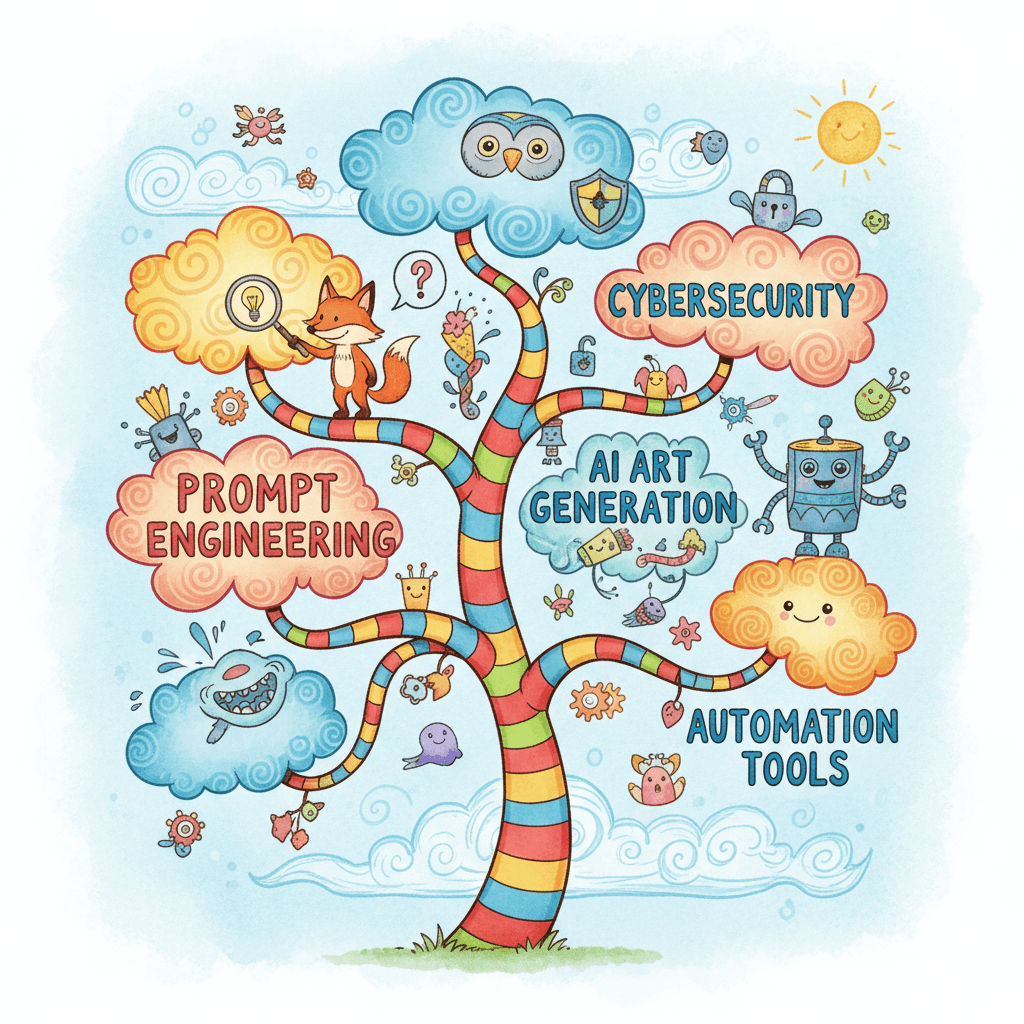 Envision a vibrant, hand-drawn infographic designed as a whimsical, Dr. Seuss-style tree. The trunk is striped with bright colors, and the branches twist and turn in playful directions, each labeled with AI tips and tricks: prompt engineering, AI art generation, automation tools, and cybersecurity. Cartoonish characters representing AI concepts frolic among the branches. The entire scene is bathed in the warm, inviting light of a children's storybook, creating an accessible and engaging learning experience. This delightful, hyperdetailed illustration is rendered in 4k resolution, using a saturated color palette and a light, airy atmosphere to encourage exploration and understanding.