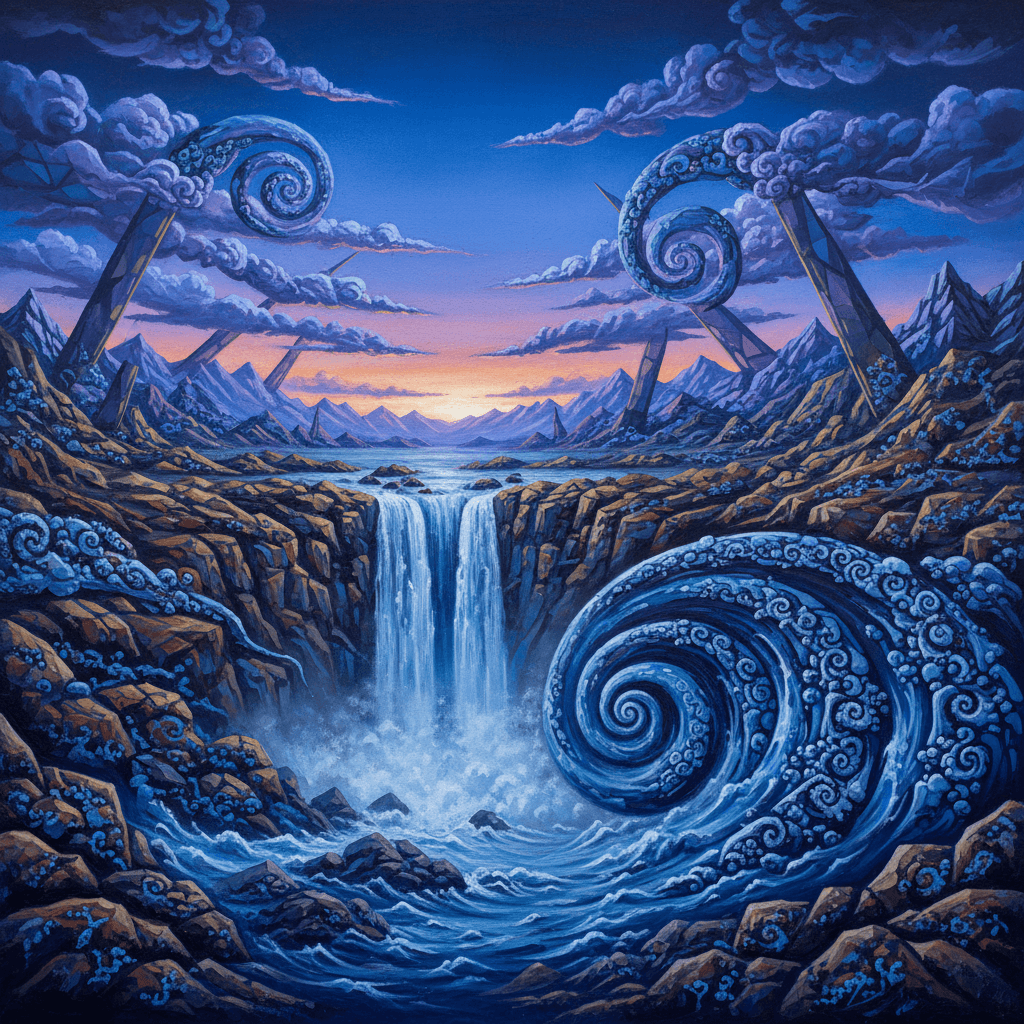 An arresting medium close-up shot, rendered in a visually interesting and hyperrealistic style, focusing on a vibrant section of a detailed wall painting. This segment of the landscape mural is alive with a dramatic interplay of light and shadow, depicting a dynamic scene of a waterfall cascading into a deep gorge under an unfolding blue hour sky. The 3D fractal texture here is pronounced and energetic, almost erupting from the surface, creating swirling patterns that suggest immense power and excitement within the painted water and rock formations. Bathed in the cool, tranquil light of blue hour, the fractals cast subtle, complex shadows that enhance the illusion of depth and movement, making the painting feel incredibly alive. The scene is hyperdetailed, capturing every intricate facet and nuance in stunning 4k resolution, a masterpiece of modern artistry that blends realism with abstract, dynamic energy.