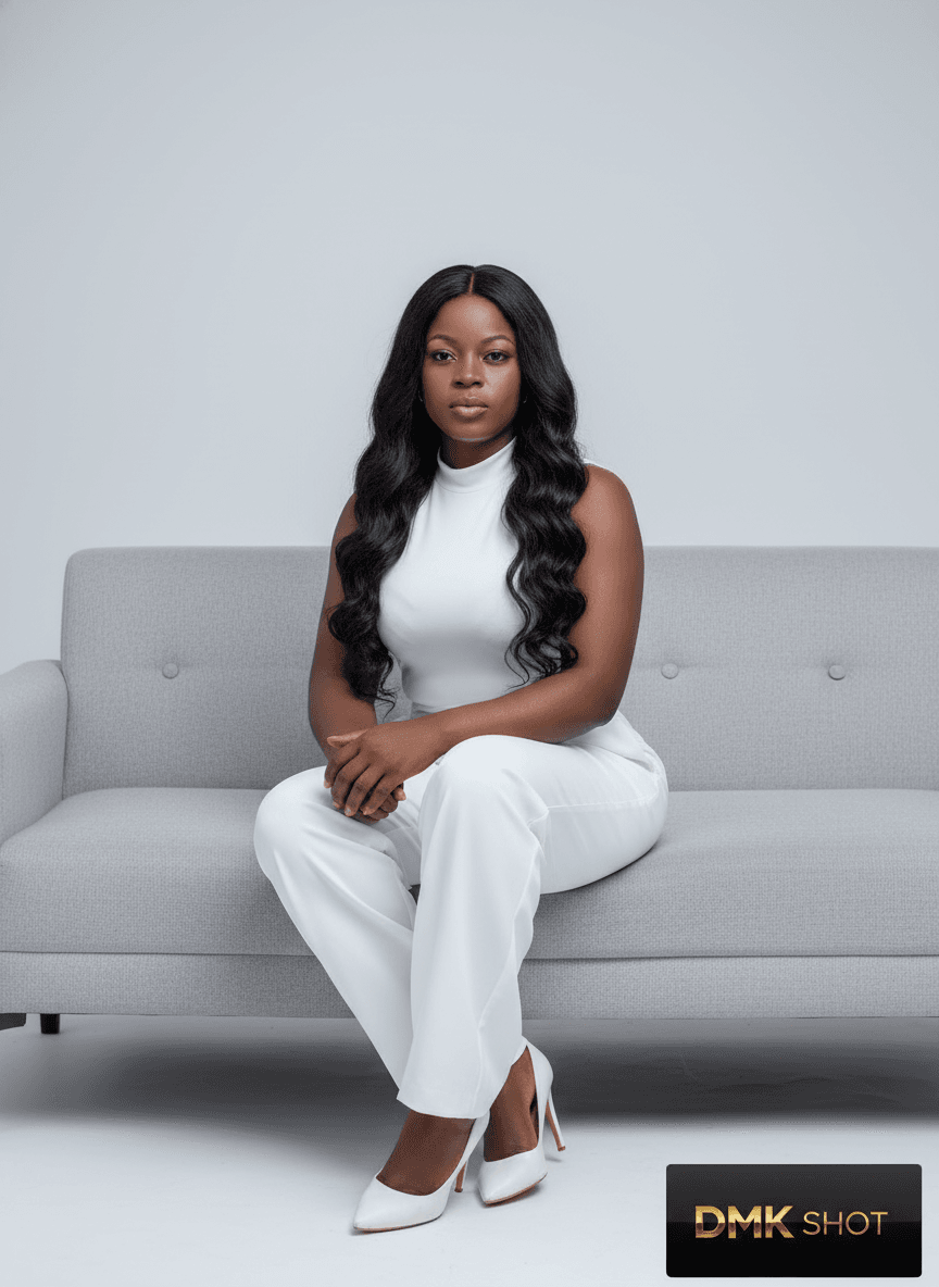 Using this exact face, create a
Full-body studio shot features a beautiful, elegant Black woman with long, dark, wavy hair, parted to her right, cascading over her shoulders. She is looking directly at the viewer with a serious, confident expression. She is wearing a sleeveless white mock neck top and flowy white trousers, paired with white high heels. She is sitting on a modern sofa, Her hands are clasped in front of her. The lighting is bright and even, highlighting her features and the details of her clothing .The background is a plain, light gray, creating a clean and minimalist aesthetic. her posture is poised and sophisticated. On the lower right corner, add a luxury logo reading "DMK SHOT", on a matte black background - elegant metallic gold text in subtle 3D reflections and depth