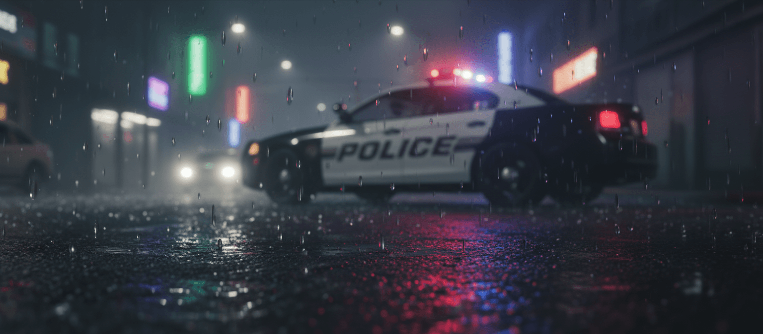 highly detailed cinematic shot of a rainy night street, only illuminated by the flashing red and blue lights of a police car, reflections shimmering in puddles on the wet asphalt, shot from a low angle close to the ground, raindrops falling slowly, light fog in the air, moody atmosphere, realistic lighting, volumetric reflections, neon glows bouncing off rain-soaked surfaces, shallow depth of field, 35mm lens, ultra-realistic textures, cinematic color grading, dramatic ambience, 8K quality, Photorealistic, Low-angle shot, Neon glow, volumetric light, moody