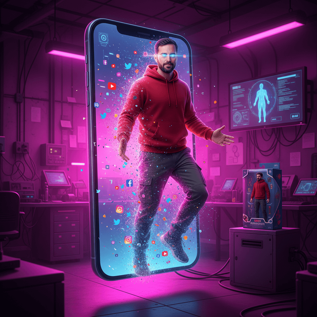 A hyper-realistic digital artwork of this man in the above image, in a red hoodie and gray cargo pants stepping out of a giant 3D smartphone screen. His body transitions from digital particles and glowing social media icons (Twitter, YouTube, Instagram,facebook etc.) into a fully realistic human form. The background is a futuristic neon-lit lab with purple and pink ambient lights, a computer showing a digital scan, and a boxed action figure version The scene symbolizes the blend of technology, artificial intelligence, and human identity. Highly detailed, cinematic lighting, ultra-realism, 8K resolution, sci-fi poster aesthetic