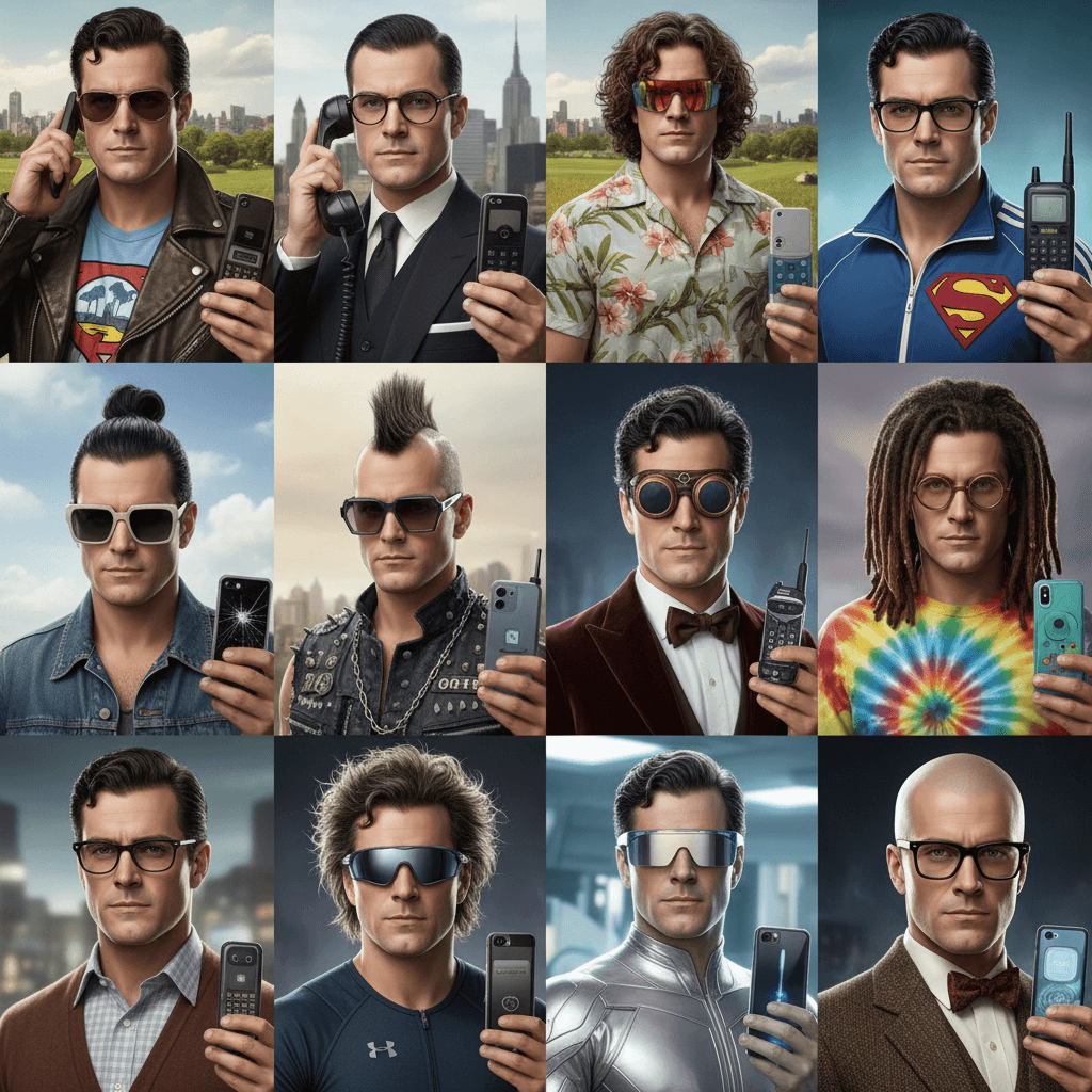 Make a collage of 12 photos of SuperMan, each with a different hairstyle, different sunglasses, different clothes, and a different phone