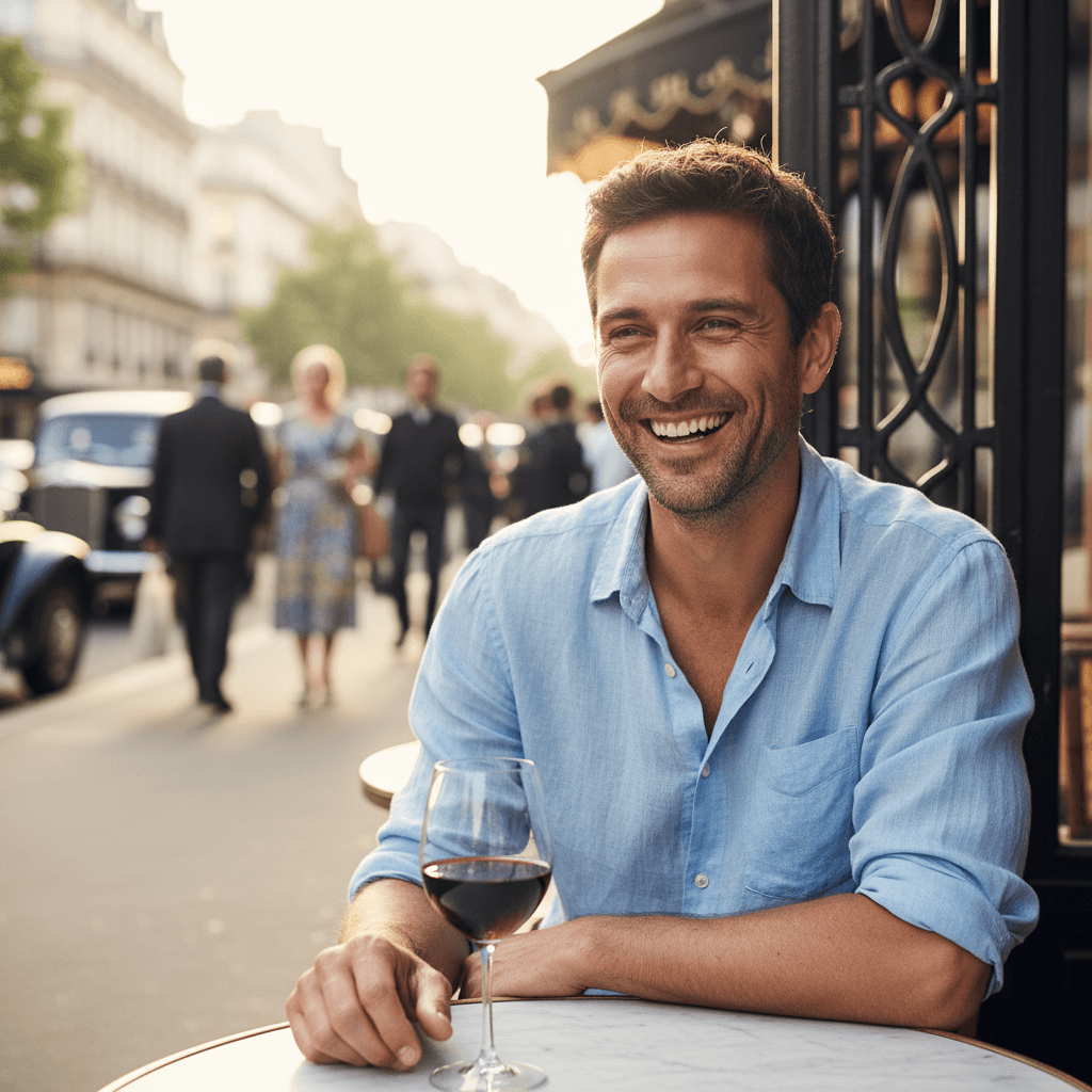 A photorealistic portrait captures a man in his late 30s, seated at a classic Parisian cafe table on a sun-drenched sidewalk. He wears a linen shirt, slightly rumpled, and his sleeves are rolled up, revealing tanned forearms. A half-empty glass of red wine sits before him, catching the sunlight. His expression is one of genuine, unbridled joy, a wide smile crinkling the corners of his eyes. The background is a blur of Parisian activity – chic pedestrians, vintage cars, and the wrought-iron details of the cafe's exterior. The image is rendered in exquisite detail, hyperrealistic, with a shallow depth of field that brings the man's happiness into sharp focus, 4k resolution, a true masterpiece.