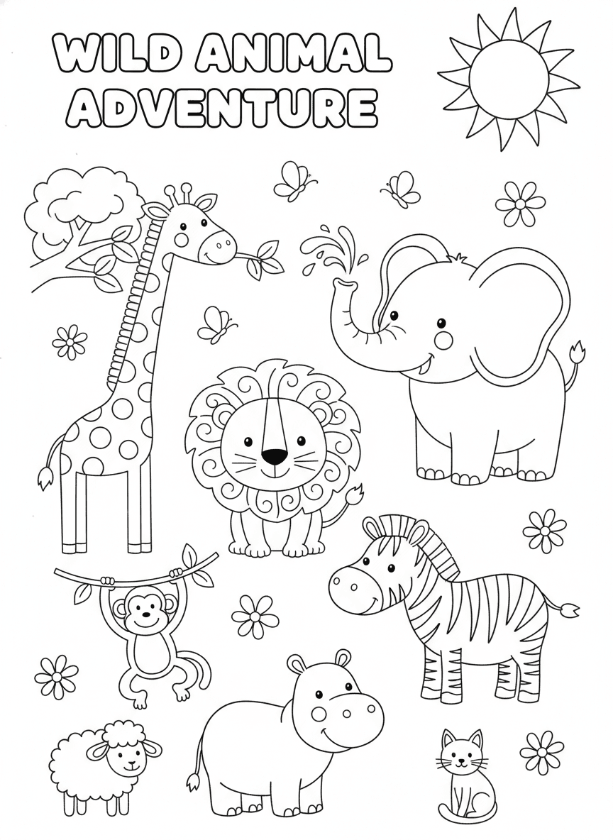 coloring book page, clean line art, no shading, white background, simple bold lines, for kids, line-art, subject: “Animals” is the dominant and most profitable keyword theme in kids’ coloring books, with the majority of top listings ranking for it.