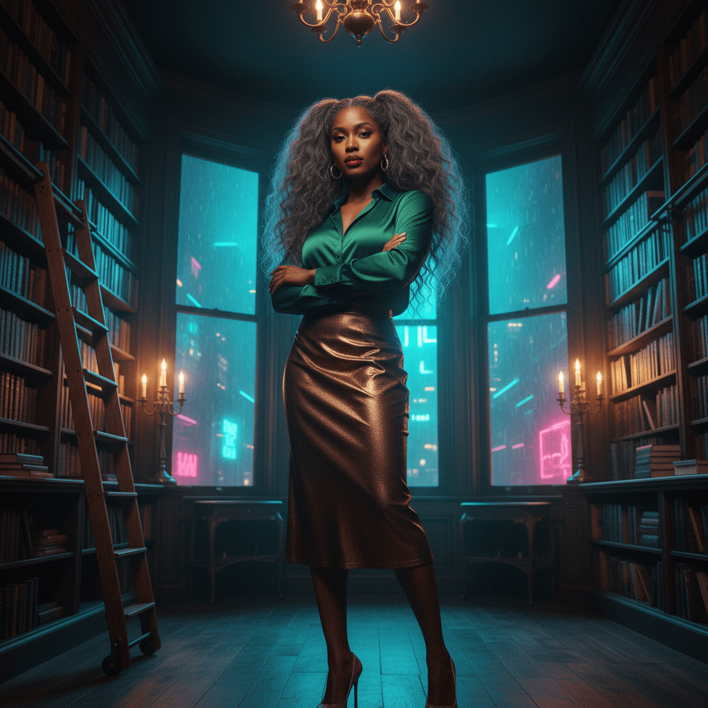 A professional, photorealistic, high-resolution portrait of a Black woman, late 20s-early 30s, exuding confidence.
Facial Features: Critically rendered dark brown almond eyes, an oval-to-heart shaped facial structure with a defined jawline, prominent cheekbones, and a straight dorsal nasal profile. Medium-deep skin tone with warm undertones. Hair is voluminous, long, wavy, curly grey, styled in two high pigtails with loose curls framing her face and shoulders. Full lips are a rich berry-red, and her eyebrows are well-defined and arched.
Pose: Confident, arms crossed, weight shifted to one hip.
Clothing: Forest green silk blouse tucked into a bronze metallic midi skirt, with heels fully visible.
Setting: Private old-world library with floor-to-ceiling dark wood bookshelves and a rolling ladder.
Atmosphere/Lighting: Urban low-light setting, with bichromatic cyan and magenta neon reflections from a rainy technological dystopia outside clashing with warm candlelit ambiance inside. Cinematic rain and fog are visible through the windows, creating a high contrast scene with dramatic rim lighting.
Technical Parameters: Captured at a low angle with a 35mm focal length, emphasizing high-fidelity textures for silk and metallic fabric. Professional studio lighting and photorealistic quality, with a subtle Cinestill 800T film grain effect.
Generation Count: Exactly one image.