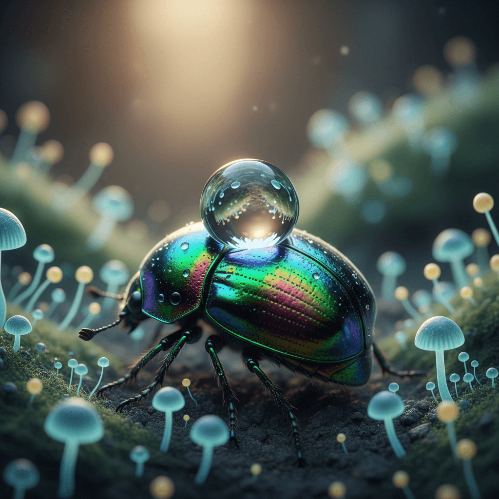 A hyperrealistic, macro photograph of a single dewdrop clinging to a vibrant, iridescent beetle's back. The beetle, a creature of impossible geometry and shimmering chitin, navigates a jungle of miniature, bioluminescent fungi. The background is blurred into bokeh, highlighting the intricate textures of the beetle and the dewdrop, which reflects the entire fungal forest in miniature. The lighting is soft and diffused, emanating from the fungi themselves, creating a scene of ethereal beauty. Shot in 8k, a true masterpiece of macro photography.