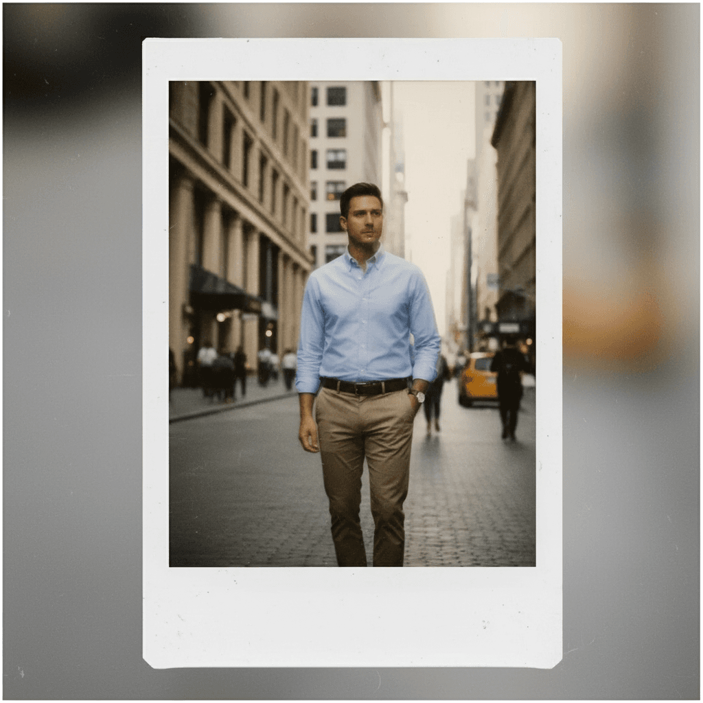 Then, turn it into a full, realistic instant film-style photograph. Show the instant film in its entirety, with the subject captured as a careless, unintentional snapshot. The photo has awkward, off-kilter framing, no clear subject, and a mediocre composition. Include motion blur and harsh overexposure from an on-camera flash, especially near bright or reflective areas. Lighting should be uneven, with blown-out highlights and shadowed areas. The image should feel aggressively mediocre, like it was taken by accident. Apply visible instant film texture, soft film grain, and a subtle vintage tint. Show the classic white instant film border completely, including the wider bottom strip. Add faint smudges, slight bends, or dirt marks on the white frame to enhance realism. Do not crop the instant film—the full rectangular photo and its white border must be shown clearly within the frame of the final image.