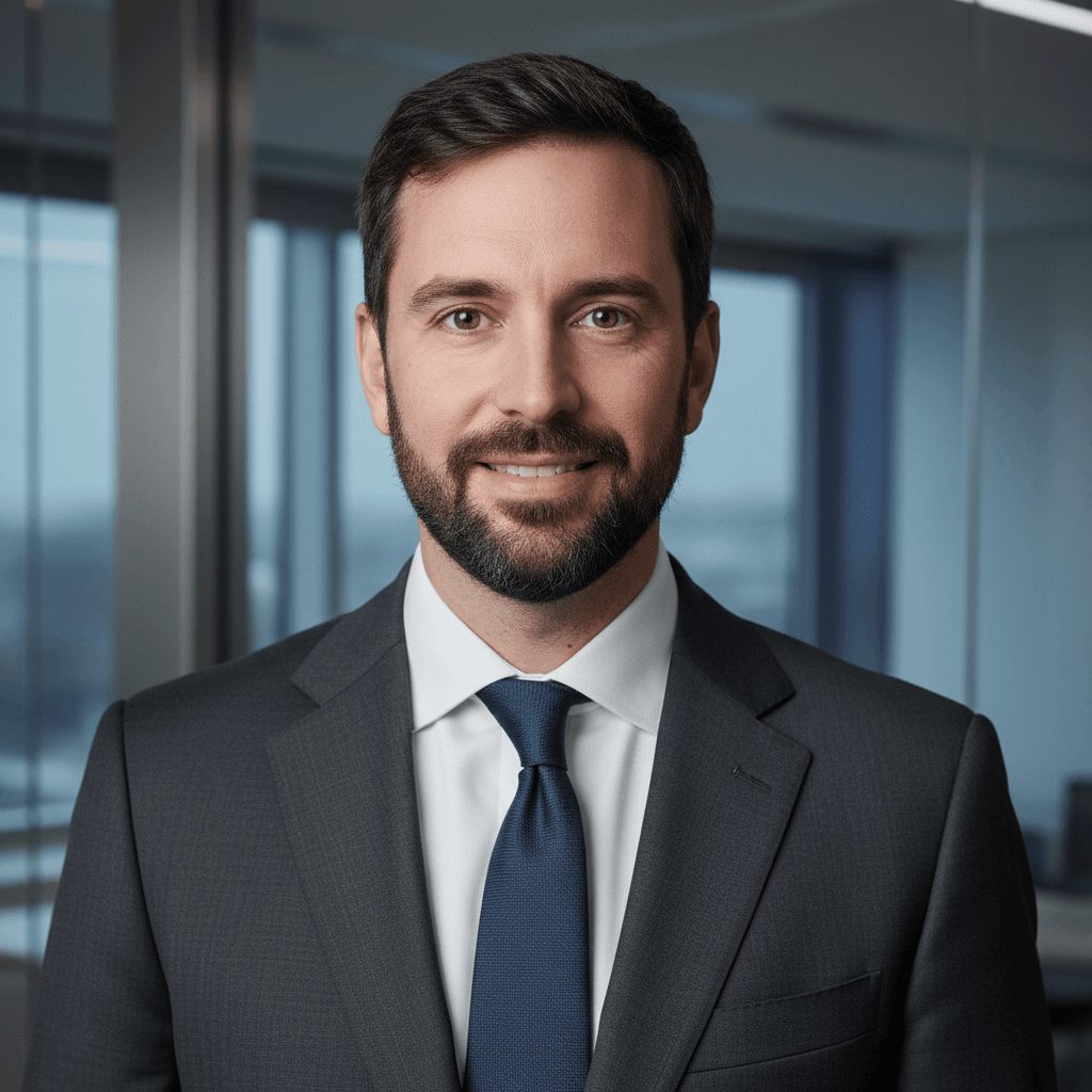 A sharply focused, close-up professional headshot of a man in a meticulously tailored, dark charcoal suit and crisp white shirt. The setting is a modern office with blurred background, showcasing a hint of glass and steel. The lighting is soft and even, creating a natural and approachable look. Aim for a hyperrealistic rendering with attention to every detail, from the texture of the fabric to the subtle nuances of skin tone. The color palette is primarily monochromatic with shades of gray, white, and a touch of blue from the ambient light. 4k resolution, a masterpiece designed to convey competence and confidence.