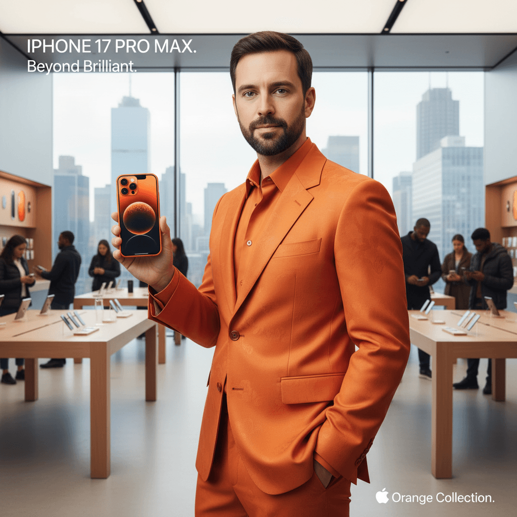 Use my upload image face and Transform the photo into a vibrant magazine ad. The subject holds the Orange iPhone 17 pro max with a confident, stylish gesture, dressed in a fashion-forward, monochrome orange outfit that blends with the phone’s bold color. The background is an apple store. Captured in 8K high-definition, with a cinematic editorial finish.