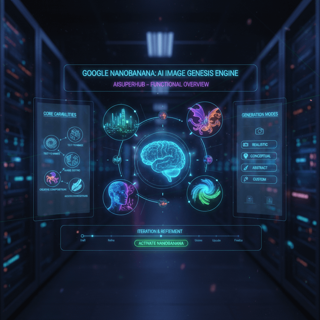 A beautifully designed cheat sheet infographic, reminiscent of a futuristic user interface, explaining the functionalities of Google NanoBanana image generation model by AISuperHub. Imagine a holographic display, with floating text and interactive elements. The infographic features 3D renderings of various AI concepts, showcasing the model's ability to generate diverse and high-quality images. The color scheme is dominated by cool blues and purples, with accents of neon green and orange. The composition is clean and minimalist, emphasizing clarity and usability. This hyperdetailed, 4k resolution image presents a visually engaging and informative overview of NanoBanana's capabilities.