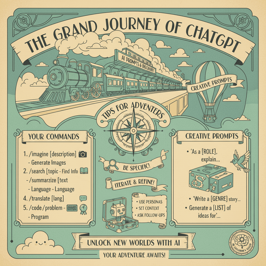 A beautifully designed, visually engaging infographic cheatsheet for ChatGPT, styled as a vintage travel poster. The layout should be clean and intuitive, using a pastel color palette of blues, greens, and yellows. Imagine a charming train station scene in the background, subtly hinting at a journey of AI discovery. The cheatsheet should present key ChatGPT commands and tips in a concise, memorable way, employing elegant typography and playful illustrations. Aim for a highly detailed, 4k resolution image, with a focus on clarity and aesthetic appeal. Golden hour lighting bathes the poster, evoking a sense of nostalgia and wonder.