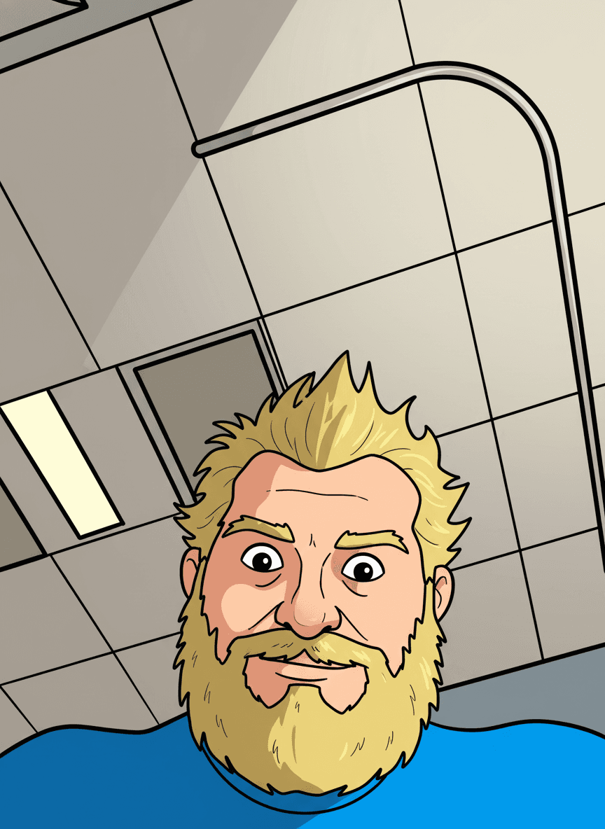 Convert this photo into a cartoon. Use a vibrant, playful style similar to a modern animated movie like those from Pixar or Disney. Emphasize bold outlines, bright colors, and slightly exaggerated features, while still retaining the likeness of the subject. The final image should be a high-quality cartoon character.