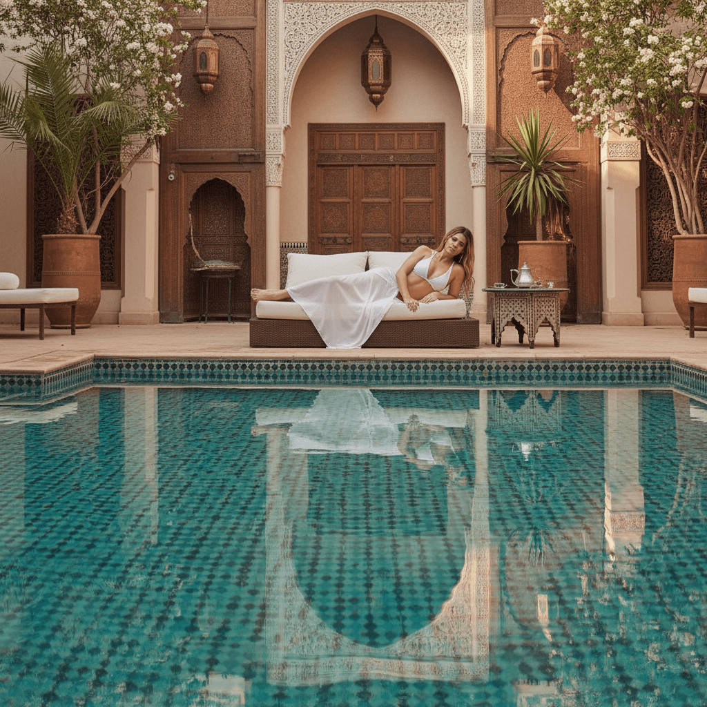 Photorealistic, cinematic shot of Khloe Kardashian enjoying a private moment of relaxation at a luxurious riad in Marrakesh. She's lounging by a shimmering turquoise pool, the intricate mosaic tiles reflecting the light in a dazzling display. She wears a simple white bikini and a loosely draped, sheer cover-up, her skin glowing in the warm Moroccan sun. The air is thick with the scent of jasmine and orange blossoms. The camera is positioned at a low angle, capturing her in a moment of serene vulnerability. The scene is bathed in the soft, golden light of the late afternoon, creating a sense of tranquility and escape. This hyperdetailed, 4k resolution image evokes a feeling of pure indulgence and exotic luxury.