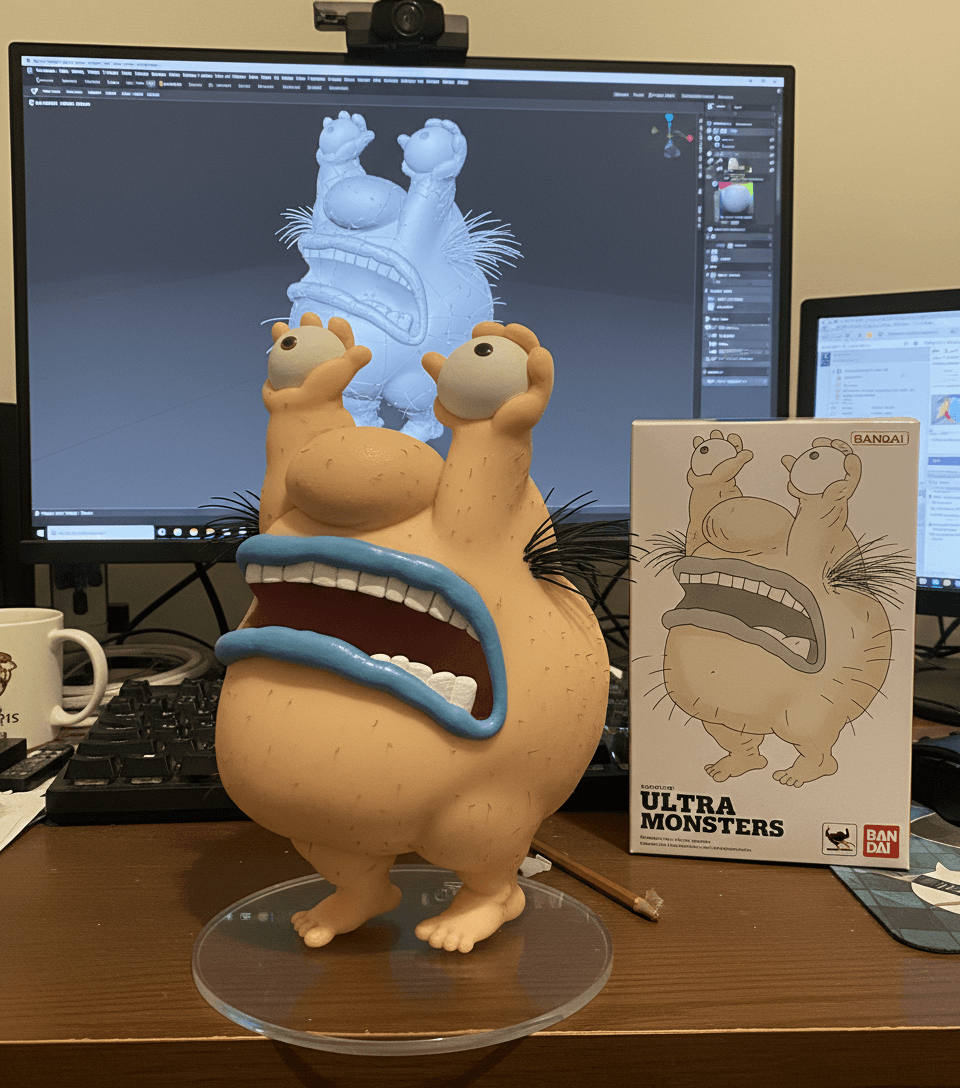 create a 1/7 scale commercialized figurine of the characters in the picture, in a realistic style, in a real environment. The figurine is placed on a computer desk. The figurine has a round transparent acrylic base, with no text on the base. The content on the computer screen is the Zbrush modeling process of this figurine. Next to the computer screen is a BANDAI-style toy packaging box printed with the original artwork. Prompt from aisuperhub.io , the packaging features two-dimensional flat illustrations