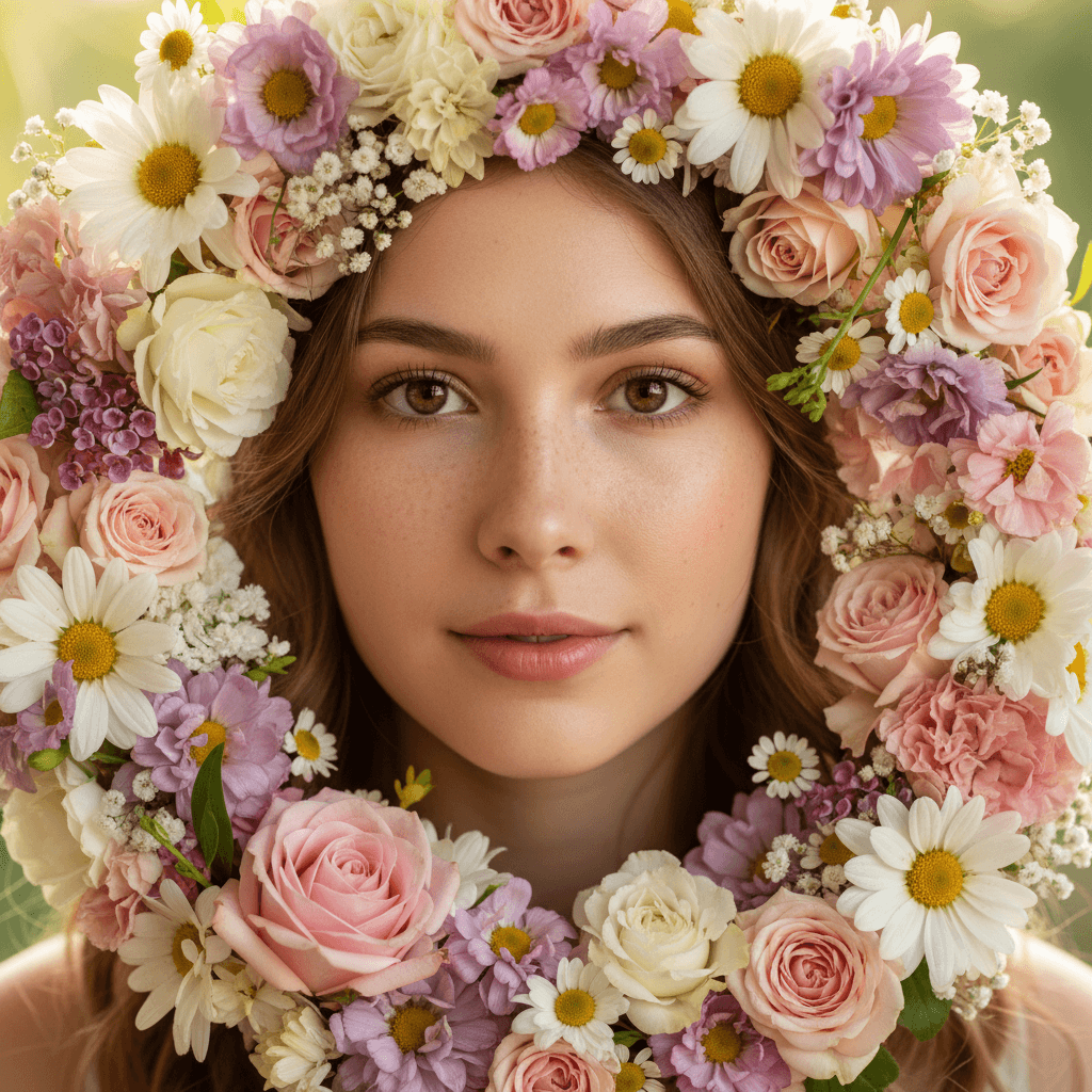 A close-up of the girl's face looking straight into the camera, her face framed by delicate flowers, the flowers filling the entire frame except her face, Realistic photo portrait, --stylize 50 --v 7, Photorealistic