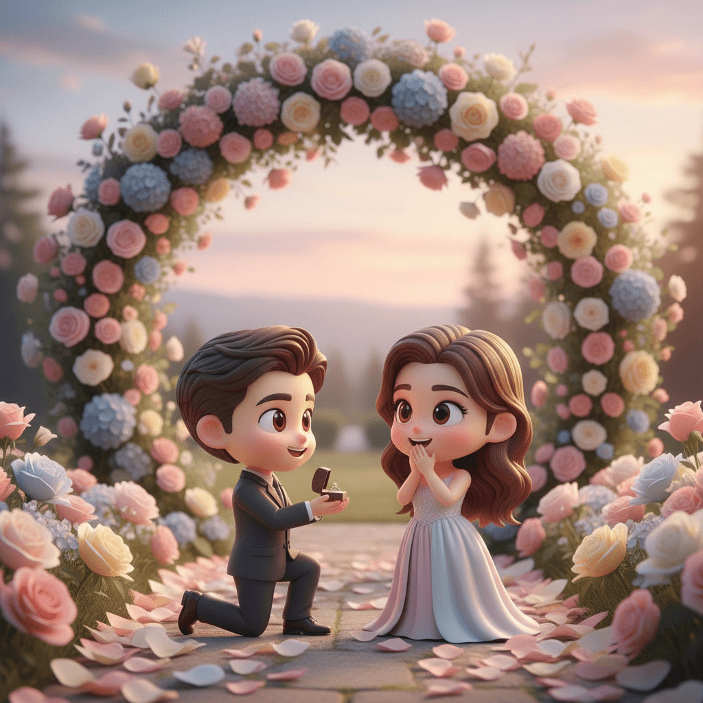 Transform the two people in the photo into chibi-style 3D cartoon characters. Change the scene to a proposal setting, with a soft pastel-colored floral arch in the background. Use romantic tones for the overall background. Rose petals are scattered on the ground. While the characters are rendered in cute chibi 3D style, the environment—including the arch, lighting, and textures—should be realistic and photorealistic.