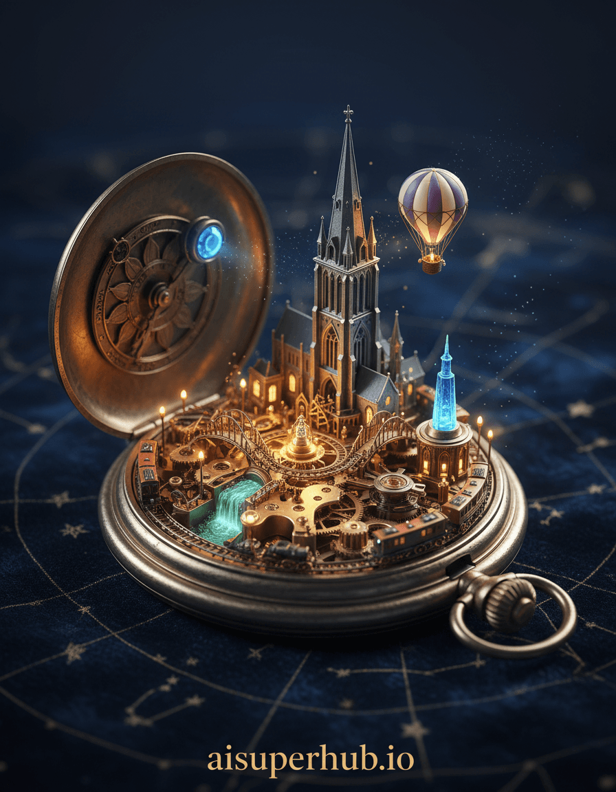 Create a hyper-realistic photorealistic image depicting a vintage pocket watch as a miniature bustling metropolis for the Product Ad Prompt. The intricate gears and springs of the pocket watch now form the architectural backbone of a vibrant, impossibly detailed city. Tiny, almost imperceptible figures move along its 'streets', which are etched into the watch's metallic surface, with miniature trains zipping across the delicate bridges of the watch's internal mechanisms. A grand cathedral spire emerges from the winding stem, its polished surface reflecting distant lights. Details to include: A tiny hot air balloon floating above the watch face, powered by the escapement. Microscopic lampposts illuminating the 'streets' carved into the gear teeth. A miniature waterfall cascading down a polished brass plate, turning a tiny turbine. Specks of light that represent cars moving along the 'streets'. An antique compass needle pointing towards a glowing landmark built into the watch's bezel. The pocket watch rests open on a velvet astronomer's cloth, speckled with faint star charts and constellations. The background is a soft, deep indigo void, hinting at the vastness of space or time, with only a few ethereal, out-of-focus stardust particles catching the light, making the miniature world within the watch feel even more isolated and precious. Dramatic, cinematic lighting emanates from an unseen source, highlighting the metallic sheen and intricate details of the watch-city. Soft, warm glow escapes from the miniature buildings and streetlights, creating pockets of inviting warmth against the cool, reflective surfaces, evoking a sense of wonder and intricate discovery. Rich jewel tones of aged brass, polished silver, and deep sapphire blue, with accents of warm amber and subtle emerald green, contrasting with the cosmic indigo background. Awe-inspiring and magical, inviting viewers to lean in and explore an impossible, self-contained universe. Macro photography, steampunk aesthetic, intricate detail, cinematic realism, dreamlike, high resolution, award-winning, 8k, with an overlay text at the bottom reading 'aisuperhub.io'.