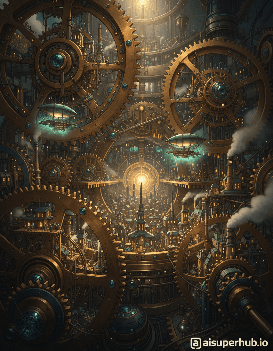 Create a hyper-realistic panoramic vista depicting a miniature civilization thriving within the intricate gears of a colossal steampunk clockwork mechanism for the highly detailed, hand-drawn, technical-style illustration. The central focus is a bustling metropolis nestled between massive, slowly rotating brass cogs and intricate escapement gears. Tiny, bioluminescent airships navigate narrow channels of light, weaving between polished springs and sapphire-jeweled bearings, suggesting a vibrant, active society. Details to include: microscopic scaffolding connecting gears, miniscule glowing windows on buildings carved into the gear teeth, tiny figures diligently working on the clockwork, exhaust vents expelling soft plumes of steam from miniature factories, a central energy core pulsing with a soft, ethereal glow. The background recedes into a labyrinth of polished brass, copper, and blued steel components, forming an endless horizon of precision machinery. Shadowed depths hint at further unexplored mechanisms, while distant, almost imperceptible ticking sounds resonate through the vast, metallic space. Shafts of light penetrate from unseen sources above, illuminating dust motes dancing around the larger components. Dramatic, high-contrast chiaroscuro lighting, with warm, golden light spilling from the miniature city's windows and reflecting off the metallic surfaces, contrasted by deep, cool shadows that emphasize the monumental scale and mystery of the clockwork. The emotional intent is awe-inspiring, intricate, and slightly melancholic, evoking a sense of fragility amidst immense power. A rich palette of burnished gold, aged brass, polished copper, deep sapphire blue, and blued steel, accented by the soft emerald and amber glows from the city and machinery. A profound sense of wonder and intricate, quiet industry pervades this impossible, living machine world. Highly detailed, intricate mechanical realism, steampunk fantasy, hyper-realistic rendering, macro photography perspective, impossible architecture, dreamlike, intricate digital painting, concept art. overlay text 'aisuperhub.io'