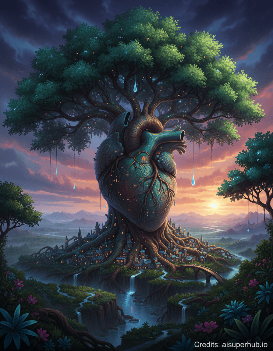 Create a hyper-realistic photorealistic digital painting depicting a colossal ancient tree that is, in fact, a beating human heart, for the Editorial style portraits. This impossible marvel dominates the landscape, its gnarled, bark-like arteries and veins weaving through the air, culminating in a vibrant canopy of foliage and a dense root system. Within the intricate network of its branches and roots, a tiny, bustling city thrives, its buildings integrated seamlessly into the organic structures. Details to include: subtle rhythmic expansion and contraction of the "trunk" mimicking a heartbeat; miniature glowing windows of the city buildings, casting warm light; tiny, intricate bridges connecting different "artery" branches, bustling with microscopic life; root systems forming natural valleys and canyons where tiny rivers flow; a single, impossibly large, luminous tear drop slowly descending from one of the highest "branches." The scene is set at dusk, with a twilight sky painted in deep purples and oranges. Far below, a misty, ethereal landscape stretches out, hinting at an endless, unknown world. The immediate surroundings of the heart-tree are rich with lush, phosphorescent flora, adding to the otherworldly ambiance. Dramatic chiaroscuro lighting, with deep shadows emphasizing the monumental scale and intricate details, contrasted with soft, internal glows emanating from the city and the tree's vital points. The light should evoke a sense of awe, wonder, and a touch of melancholic beauty, highlighting the fragility and power of life. Color palette specification: Rich, deep emerald greens and earthy browns for the tree, pulsating with subtle crimson and sapphire hues from within. The city lights emit warm golden and amber tones. The sky transitions from indigo to burnt orange, with hints of glowing, ethereal violet in the distant mist. Mood/atmosphere: A profound, dreamlike atmosphere of fantastical organic architecture and vibrant miniature life, filled with both grandeur and delicate intricacy. Style summary: Highly detailed photorealism, epic fantasy art, digital painting, conceptual art, with elements of magical realism and a touch of surrealism, cinematic quality, high resolution, intricate details, breathtaking, ethereal, grand scale. add credits 'aisuperhub.io'