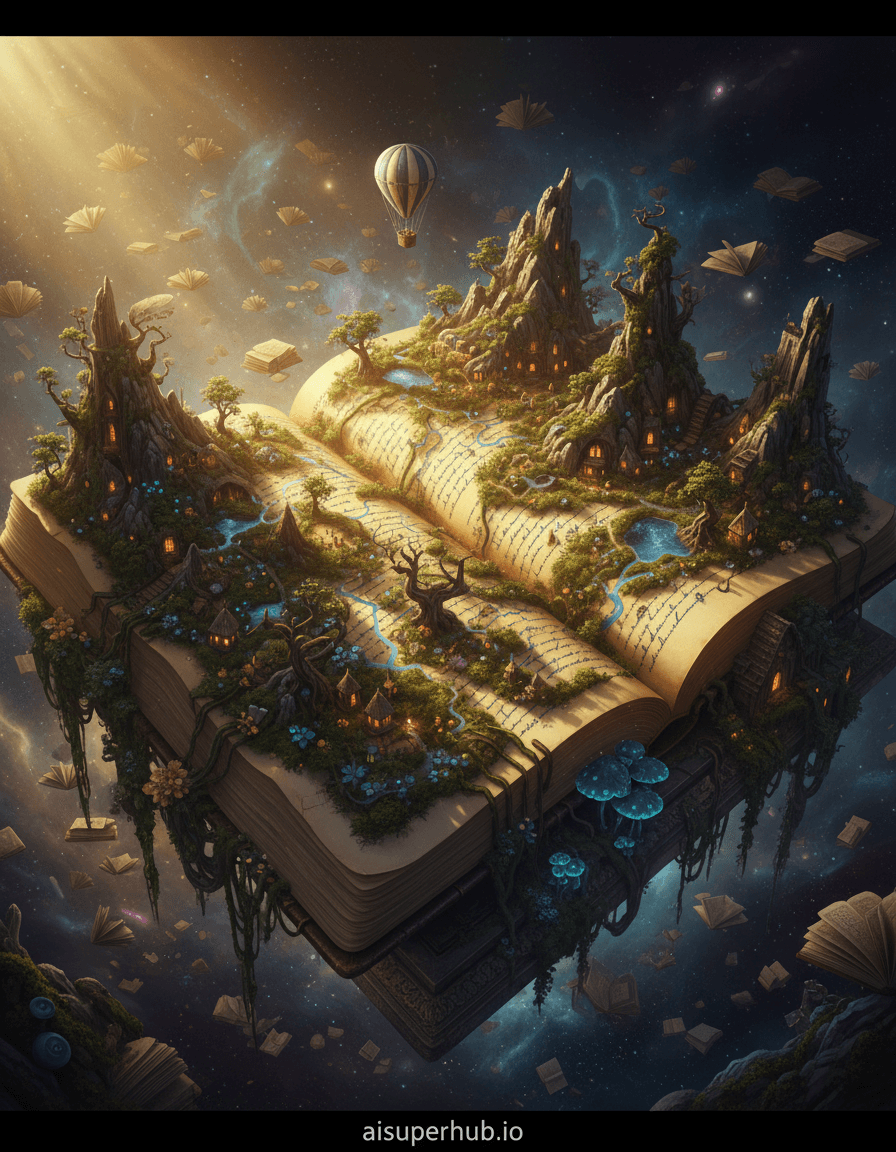Create a hyper-realistic wide-angle panorama depicting a colossal, ancient tome transformed into a vibrant, sprawling landscape for Editorial style portraits. The book lies open, its yellowed pages curving into majestic mountain ranges and deep valleys, rich with diverse flora. Intricate handwritten text on the pages forms rivers and pathways, winding through miniature forests and across vast, undulating plains made of parchment. Details to include: Tiny, illuminated villages nestled within the creases of the pages; Ink blotches that have solidified into obsidian lakes or mysterious caves; The leather binding of the book forming craggy cliff faces and ancient ruins; Delicate, glowing bioluminescent fungi growing along the spine and page edges; A miniature hot air balloon, like a forgotten bookmark, slowly ascending from a page-valley. The colossal book rests on a vast, ethereal plinth, seemingly floating in a cosmic library filled with swirling nebulae made of countless other, smaller books stretching into infinity. Dust motes, like tiny stars, drift through the air, catching the light as they dance around the monumental volume. The surrounding space is dark yet full of soft, distant glows from other literary worlds. Dramatic, golden hour lighting pierces through the cosmic dust, casting long, ethereal shadows across the book-landscape, highlighting its textures and depths. The light is both awe-inspiring and melancholic, evoking a sense of ancient wisdom and forgotten tales. Rich sepia tones, deep forest greens, sapphire blues for ink rivers, and a soft, warm amber glow from the setting sun, contrasted with the subtle, cool purples and blues of the distant cosmic background. A sense of profound wonder, nostalgic discovery, and boundless imagination. Epic fantasy, photorealistic, intricate detail, cinematic, dreamlike, magical realism, surrealism, highly detailed. overlay text at the bottom add credits 'aisuperhub.io'