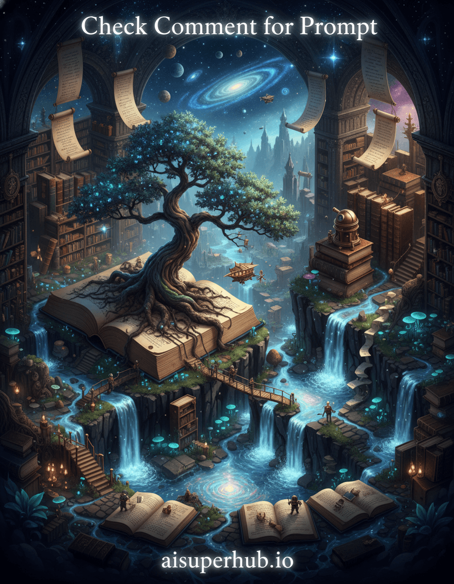 Create a hyper-realistic panoramic photograph depicting a sprawling, ancient library transformed into a colossal, habitable fantasy landscape for the hyper-realistic isometric 3D render of a miniature. At the top of the image, display the overlay text 'Check Comment for Prompt'. At the bottom of the image, display the overlay text 'aisuperhub.io'. A gnarled, ancient oak tree with roots coiling like tendrils of time sprouts from a forgotten tome, its branches reaching towards the vaulted ceilings that are now swirling nebulae. Rivers of glowing ink flow through valleys formed by open book pages, cascading over cliffs of stacked volumes into a shimmering pool. Tiny, illuminated airships, made from intricately folded paper, navigate through the cosmic dust motes that drift between the shelves, which rise like mountain ranges. Details to include: Miniature explorers in antique diving suits traversing bridges made of bookmarks, bioluminescent fungi glowing on the spines of leather-bound books, a tiny observatory built atop a towering dictionary, a waterfall of shimmering, flowing parchment, and a small, delicate village nestled within the folds of a velvet-covered atlas. The background features endless, labyrinthine shelves receding into a misty, ethereal distance, where celestial bodies gleam like forgotten punctuation marks. Stars twinkle through gaps in the celestial ceiling, revealing distant galaxies swirling amidst the cosmic dust. Ancient scrolls unfurl like giant banners across the celestial sky, their cryptic texts hinting at forgotten knowledge. The landscape is dotted with microscopic structures that reveal themselves as intricate carvings on the book bindings. Dramatic, otherworldly lighting pierces through the celestial canopy, casting long, dramatic shadows and illuminating the ink rivers with an ethereal glow, evoking a sense of profound wonder and mysterious discovery. A palette of deep indigo, cosmic violet, aged parchment browns, and shimmering gold and emerald accents for the bioluminescence and flowing ink. The mood is one of awe-inspiring discovery and profound, quiet magic. A macro photography masterpiece, blending cosmic fantasy, intricate miniature work, and hyper-realistic detail, evoking a sense of infinite scale within a contained world, 8k, cinematic, award-winning.
