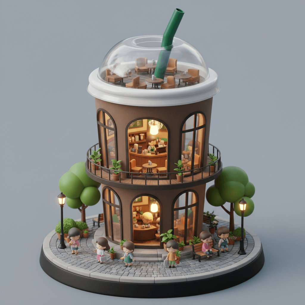 3D chibi-style miniature design of a whimsical Starbucks café, shaped like an oversized takeaway coffee cup complete with a lid and straw. The building has two floors, with large glass windows that clearly reveal a cozy and refined interior: wooden furniture, warm lighting, and busy baristas at work. On the street, cute little figurines are strolling or sitting, surrounded by benches, street lamps, and potted plants, creating a charming corner of the city. The overall aesthetic follows a detailed and realistic miniature cityscape style, with soft lighting that evokes a relaxing afternoon atmosphere.