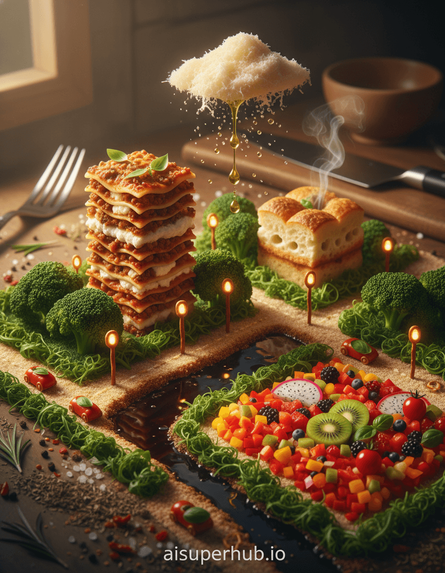 Create a hyper-realistic still life photograph depicting a culinary cityscape where towering pasta skyscrapers meet vibrant vegetable parks for the Food photography. Imagine a bustling metropolis crafted entirely from gourmet ingredients. A magnificent lasagna skyscraper dominates the skyline, its layers clearly visible, surrounded by broccoli florets shaped like miniature trees in a central park. Tiny, glistening droplets of olive oil fall like rain from a 'cloud' of parmesan dust, catching the light as they descend onto edible streets paved with toasted breadcrumbs. Details to include: Miniature pretzel street lamps casting soft glows, a flowing river of balsamic glaze winding through a valley of rocket leaves, tiny 'cars' made from cherry tomatoes with basil leaf roofs, a bustling marketplace constructed from an array of colorful bell peppers and exotic fruits, a subtle, translucent steam rising from a freshly baked focaccia 'building'. The backdrop is a softly blurred, rustic wooden kitchen counter, implying a grand scale for the miniature city. Utensils like a giant fork or a chef's knife are visible in the far background, out of focus, enhancing the illusion of a world within a world. The surface beneath the cityscape should show a scattering of loose herbs and spices, further grounding it in the culinary theme. Golden hour lighting streams from an unseen window, creating long, dramatic shadows that emphasize the architectural forms and textures of the food. The light is warm and inviting, evoking a sense of wonder and delicious discovery, highlighting the natural sheen on the ingredients. A rich and appetizing color palette dominated by vibrant greens, deep reds, golden yellows, and earthy browns, with pops of white from cheese and cream. A whimsical and awe-inspiring atmosphere that celebrates culinary artistry and imaginative scale. Macro photography, trompe l'oeil, hyperrealism, detailed miniature diorama, art food styling, cinematic quality, haute cuisine aesthetics, with an overlay text at the bottom 'aisuperhub.io'.