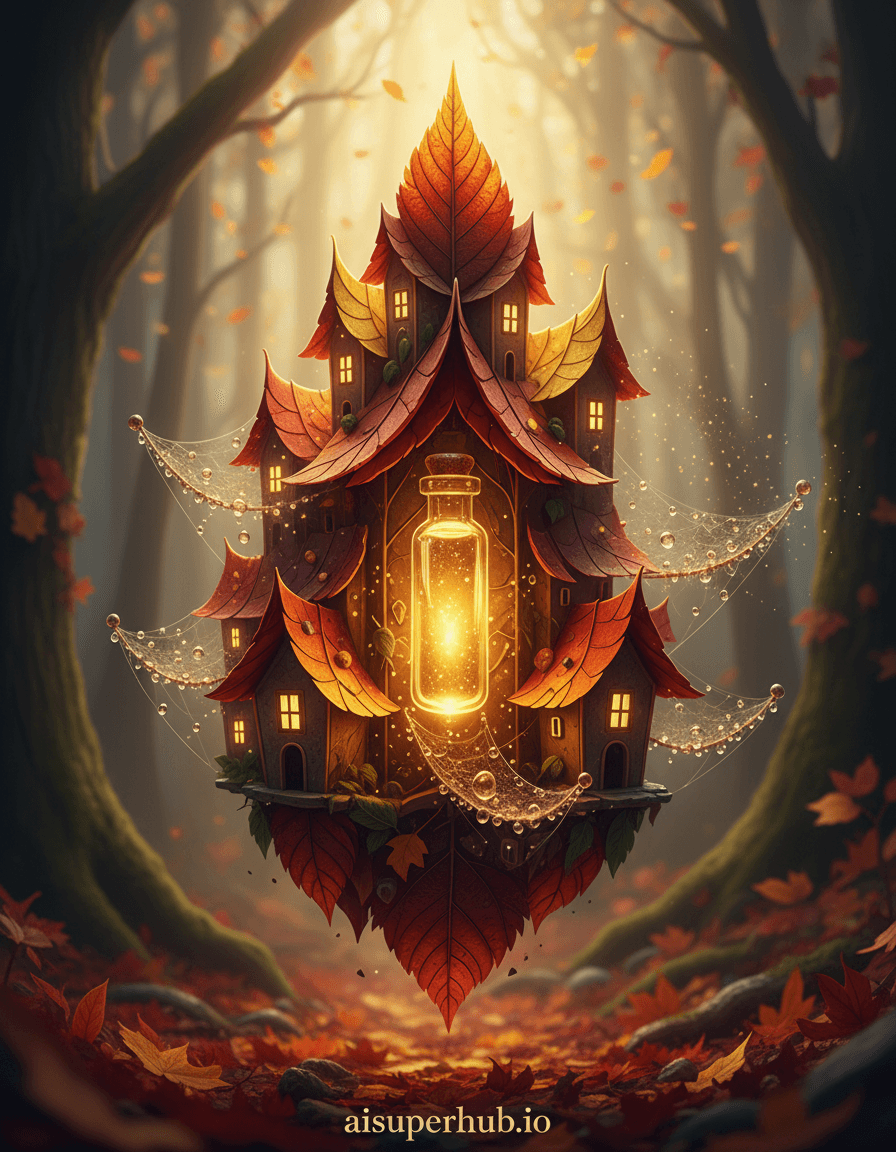 Create a hyper-realistic product shot depicting a miniature, ethereal city built entirely from vibrant autumn leaves, for a conceptual Elixir of Autumn. This delicate marvel of organic architecture floats suspended, its leaf-buildings connected by slender, dewy spider silk bridges. A single luminous glass vial, glowing with internal golden liquid, acts as the city's central beacon, illuminating surrounding leaf-structures. Details to include: Intricate vein patterns on each leaf-building, glistening morning dew drops on silk bridges, tiny glowing windows, subtle shimmering magical dust from the elixir. The city rests against a dramatically blurred background: a deep, enchanted forest at dawn, where ancient, moss-covered trees loom. Shafts of golden light pierce the canopy, creating a mystical haze. The forest floor, carpeted with crimson, amber, and gold leaves, offers a grounded contrast. Lighting is soft, ethereal, like early morning golden hour, with a magical glow, casting long, gentle shadows. Internal luminescence from the elixir creates warmth and enchantment, evoking wonder and deep connection to nature's magic. Rich autumnal palette: deep reds, burnt oranges, golden yellows, rustic browns, vibrant forest greens, with iridescent gold from the elixir and silken white from bridges. A magical, serene, and deeply enchanting atmosphere, filled with awe and delicate wonder. Hyperrealistic photography, fantasy realism, detailed macro photography, luminous etherealism, cinematic naturalism, intricate miniature art, with an overlay text 'aisuperhub.io' at the bottom.
