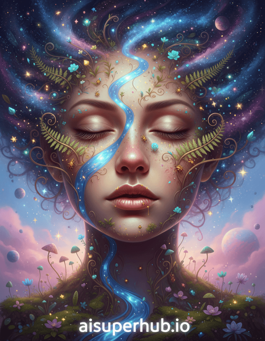 Create a hyper-realistic portrait depicting a woman's face as a delicate, living bioscape for the Creative portraits women. The portrait showcases a serene woman, her features gently merging with an intricate miniature landscape. Her skin appears to be fertile ground, supporting tiny, vibrant life forms, creating a breathtaking fusion of humanity and nature. Details to include: Her eyelashes subtly morph into delicate fern fronds, a winding river of shimmering liquid flows gracefully along her cheekbone, her lips are soft, blooming rose petals, and her hair transforms into a swirling galaxy of luminescent fireflies and stars. The background is an ethereal, soft-focus nebula, suggesting the vastness of the cosmos from which this intimate, living world has emerged. Wisps of pastel stardust and distant, glowing planets can be faintly discerned, emphasizing the celestial origins of the bioscape. Soft, glowing bioluminescent light emanates from within the bioscape itself, casting gentle, warm shadows that highlight the contours of her face and the intricate details of the miniature world. This ethereal illumination evokes a sense of wonder, tranquility, and profound interconnectedness. A harmonious blend of deep emerald greens, sapphire blues, soft lavender, rose pinks, and subtle gold accents, all subtly muted to create a dreamlike quality. The mood is one of profound serenity, mystical wonder, and an almost sacred connection to nature. Photorealistic, hyper-detailed, surrealism, digital painting, fantasy art, cinematic, concept art, magical realism. Overlay text at the bottom: 'aisuperhub.io'
