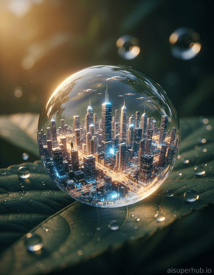 Create a hyper-realistic photograph depicting a bustling cityscape thriving within a single raindrop for the 3D holograms. The central focus is a pristine, spherical raindrop, acting as a miniature world. Inside, an impossibly complex, illuminated cityscape is visible, teeming with tiny structures and subtle signs of life, glowing faintly from within the water's transparency. Details to include: shimmering microscopic skyscrapers, cars traversing translucent roads, barely visible flying vehicles, intricate reflective light patterns on the raindrop's surface, a lone minuscule figure gazing out from a 'building'. The colossal raindrop rests delicately on the velvety surface of a vibrant emerald green leaf, its intricate veins subtly visible. The background blurs into a soft, ethereal bokeh of other glistening dewdrops and lush, out-of-focus foliage, suggesting a vast, primeval garden surrounding this microscopic marvel. Golden hour lighting bathes the scene in a soft, warm glow, causing the tiny city to shimmer with internal luminescence. This creates a magical contrast, evoking wonder, intimacy, and profound magical discovery. Rich palette of warm golden yellows, deep emerald greens, sapphire blues from city lights, and hints of silver and platinum for architectural details. Mysterious, serene, and awe-inspiring, inviting close, contemplative observation of an impossible miniature world. Macro photography, hyperrealism, surrealism, digital art, dreamlike, intricate detail, bokeh effects, volumetric lighting, photorealistic, cinematic, sci-fi elements. Add a subtle overlay text "aisuperhub.io" at the bottom of the image for credits.