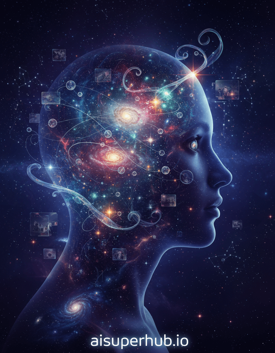 Create a hyper-realistic photograph depicting the intricate neural network of a human consciousness forming a cosmic landscape for the Editorial style portraits. The subject's profile merges into a swirling nebula of vibrant data streams and glowing synaptic pathways. Within their mind, galaxies of ideas collide, birthing new stars of understanding. Details to include: Tiny crystalline data points; ethereal energy wisps as nascent ideas; delicate silver threads connecting 'memory' orbs; subtle holographic projections of human experiences; an iris reflecting a galaxy. A boundless, deep indigo and violet cosmos, punctuated by luminescent nebulae, is the backdrop. Distant, abstract constellations glow, hinting at infinite neural possibilities. The subject's form fluidly blends into this cosmic environment, blurring inner/outer worlds. Ethereal, soft glow from cosmic structures illuminates the subject's face with profound contemplation. Cool backlighting highlights neural pathways, creating depth and wisdom. Lighting evokes wonder, mystery, introspection, with subtle lens flares. Rich, cool-toned palette: deep indigos, ethereal violets, cosmic purples, contrasted with luminous gold, electric blues, and iridescent whites. Hints of crimson and emerald green mark intense thought areas. The mood is profound awe, contemplative serenity, and boundless intellectual wonder. Hyper-realistic digital painting, mixed media, surrealism, ethereal, cosmic art, cinematic composition, intricate detail, high resolution. Overlay text: 'aisuperhub.io'