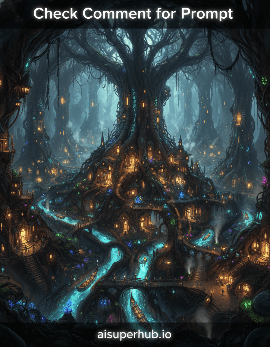 Create a hyper-realistic panoramic photograph depicting a gigantic, ancient tree root system transformed into a sprawling, vibrant subterranean city for the Cinematic color grading. The camera hovers above a meticulously carved urban landscape, nestled within colossal, intertwining roots. Tiny, bioluminescent vehicles navigate winding pathways carved into the root surface; multi-tiered dwellings cling to fibrous structures, their windows glowing warmly. A central, massive root forms a towering skyscraper, its bark integrated with intricate architectural details. At the very top edge of the image, clearly visible, is the overlay text 'Check Comment for Prompt'. Details to include: Miniature glowing gondolas in phosphorescent root-canals; ancient illuminated runes etched into bark; tiny figures bustling on balconies and bridges; wisps of steam from geothermic vents; luminous fungal streetlights and decor. The city is encased within a vast, cavernous underground chamber, its ceiling a tapestry of smaller, delicate roots dripping condensation. Colossal stalagmites and stalactites pierce the distant gloom, some acting as natural support pillars. Faint, ethereal light filters down from unseen surface cracks, dappling upper roots, casting long, intricate shadows. The air is thick with ancient secrets. Lighting is a deep, moody chiaroscuro, emphasizing the dramatic scale of roots and the intimate glow of the city. Warm, inviting artificial lights contrast sharply with cool, mysterious ambient blues and purples from deeper caverns and bioluminescent flora, creating a sense of wonder and awe, tinged with delicate intimacy and the vast unknown. Color palette: Rich earthy browns, deep greens of roots, vibrant emeralds and sapphire blues from bioluminescence, warm golden and amber glows from city lights, contrasted with subtle silver and grey tones of moisture and rock. Mood/atmosphere: Mystical, awe-inspiring, and profoundly imaginative, evoking a sense of discovery and hidden beauty. Style: Masterpiece, highly detailed, photorealistic, intricate, grand scale, fantasy art, cinematic lighting, ultra-resolution, volumetric lighting, digital painting, fine art photography. At the very bottom edge of the image, clearly legible, are the credits 'aisuperhub.io'.