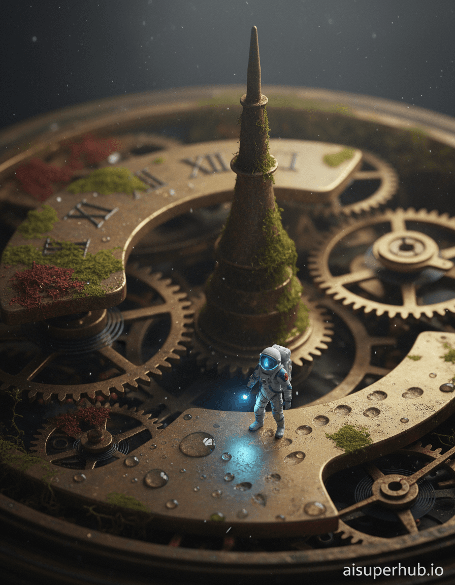 Create a hyper-realistic macro photograph depicting a solitary astronaut exploring an antique pocket watch for the Candid portraits. A miniature retro-futuristic astronaut treks rugged alien terrain, dwarfed by towering metallic structures. A tiny, glowing flashlight illuminates their path. Details to include: Meticulously detailed moss/lichen as alien flora; Eroded watch gears/cogs as monumental ruins; Faint, overgrown etched numbers; Microscopic astronaut footprints; Tiny water droplets reflecting ambient light. The landscape, aged brass/copper watch mechanism, transforms into a desolate planet. Deep crevices between gears, winding stem an ancient tower. Softly blurred surroundings emphasize foreground details, immense scale. Dust particles catch light like distant stars. Dramatic, low-key lighting from unseen soft source casts long, raking shadows, emphasizing textures, creating isolation, wonder. Ethereal glow from astronaut's visor highlights adventurous spirit. Evokes profound solitude, intrepid exploration. Color palette: Earthy oxidized brass, verdigris green, rusty reds, deep greys, contrasted with muted white/soft blues. Mood: Awe-inspiring, contemplative, adventurous, pondering small's vastness. Style: Hyperrealism, detailed macro photography, surrealism, miniature diorama, cinematic lighting, conceptual art. Overlay text: aisuperhub.io