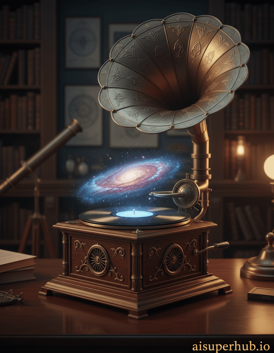 Create a hyper-realistic digital art piece depicting a vintage phonograph playing a miniature galaxy for the Vintage edits. The phonograph needle isn't on a conventional record, but rather delicately tracing the spiral arm of a luminous, swirling galaxy contained entirely within the record platter's space. Tiny cosmic dust, stars, and nebulae shimmer and move as if propelled by an unseen force, creating a breathtaking celestial ballet under the needle's touch. Details to include: The galaxy inside the platter should feature discernible nebula clouds, glittering star clusters, and distinct cosmic dust trails. The phonograph's brass components should exhibit intricate Victorian-era engravings and a slight, authentic patina of age. The needle's tip must emit a faint, ethereal blue-white glow where it meets the cosmic material, creating a localized energy field. A subtle ripple effect, like that on a liquid surface, should emanate from the needle's point across the celestial body. The phonograph rests on a highly polished, dark mahogany table, which faintly reflects the cosmic light from within the platter. The background is a softly blurred, dimly lit study, adorned with towering antique bookshelves filled with leather-bound tomes, a classic brass telescope, and framed celestial charts, evoking a sense of ancient wisdom and exploration. Dramatic chiaroscuro lighting, with the primary and most intense light source emanating directly from the miniature galaxy itself, casting long, soft shadows across the phonograph and table. A secondary, warm, golden glow from a distant, unseen desk lamp adds depth, intimacy, and a sense of quiet discovery. Deep cosmic blues, purples, and magentas dominate the galaxy, beautifully contrasted with the warm, aged brass tones, rich mahogany browns, and antique parchment yellows of the surroundings. The overall mood is mystical, awe-inspiring, and deeply contemplative, evoking a sense of profound wonder. Hyper-realistic digital art, intricate detail, vintage aesthetic, space art, fantastical realism, mixed media influence, dreamlike quality. Overlay text: aisuperhub.io