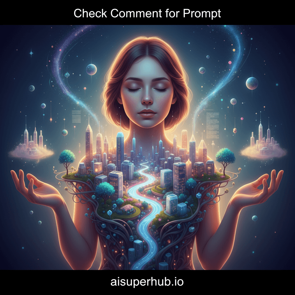 Create a hyper-realistic digital painting depicting a 'Lifestyle Portrait of the Inner Architect'. The central figure is a young, serene woman, her eyes closed in peaceful contemplation, but her form is subtly interwoven with a magnificent, self-contained miniature city, sprawling outwards from her chest. This city isn't merely a backdrop; it's a direct, organic extension of her being, a vibrant manifestation of her thoughts, routines, and aspirations. Details to include: Intricate, transparent structures within the city representing daily tasks and habits, some glowing softly. Tiny, flowing rivers of iridescent light symbolizing her creative flow and inspiration. Miniature, verdant gardens blooming from the "buildings," reflecting her connection to nature and growth. Faint, shimmering trails of stardust or data streams spiraling upwards from the highest spires, indicating future dreams and digital connections. The woman's hands are gently curved, almost cradling a small, ethereal cloud of mist from which delicate, ephemeral architectural elements are just beginning to form. Clearly visible, clean white overlay text centered at the very top of the image, reading: 'Check Comment for Prompt'. Clearly visible, clean white overlay text centered at the very bottom of the image, reading: 'aisuperhub.io'. The background is a soft, deep gradient of cosmic twilight, suggesting the boundless expanse of her inner universe, yet grounding her in a gentle, warm glow. Distant, abstract nebulae hint at other potential selves or unexpressed dreams, providing a sense of depth and mystery without distracting from the central figure. Soft, ethereal bioluminescent lighting emanates from within the architectural structures themselves, casting gentle, diffused shadows. A warm, golden backlight subtly outlines the woman's figure, creating a serene and introspective mood that conveys tranquility and profound self-awareness. A harmonious blend of deep indigos and lavenders for the cosmic background, shimmering silvers and golds for the architectural details, with occasional bursts of soft emerald and sapphire in the organic elements, all tied together by the warm, peachy tones of the woman's skin. A feeling of tranquil self-discovery, intricate complexity, and boundless potential. Masterful photorealism with surrealist undertones, incorporating elements of magical realism and intricate concept art, rendered with exceptional detail and luminosity.