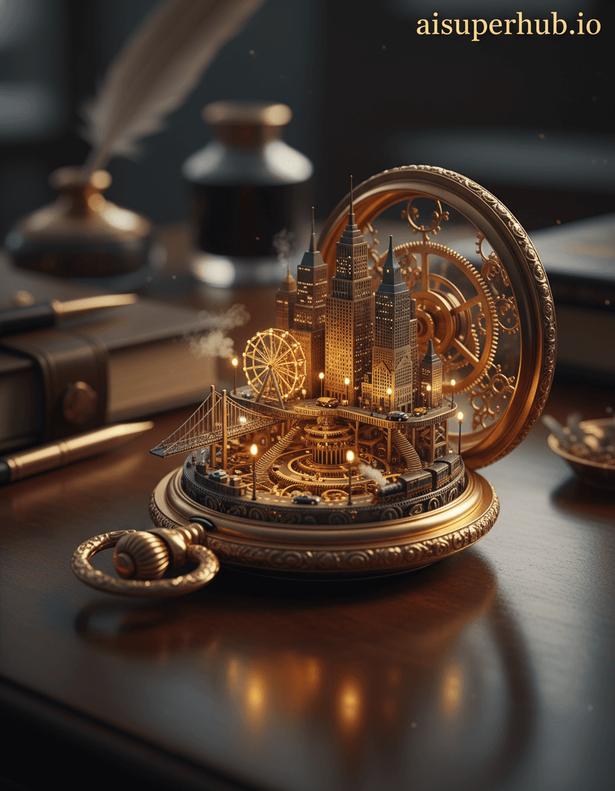 Create a hyper-realistic photograph depicting a vintage pocket watch revealing a miniature bustling city within its intricate gears for the collage of 12 photos of same Man each with a different expression. The antique golden pocket watch lies open, its engraved cover revealing a vibrant, miniature metropolis. Tiny, illuminated skyscrapers rise between delicate brass cogs; microscopic cars zip along streets formed by polished steel springs. People, no bigger than dust motes, go about their daily lives. Details to include: A tiny Ferris wheel spinning on the mainspring. A microscopic train snaking through the watch's escapement. Glowing streetlights lining the intricate gear-roads. Barely visible steam rising from miniature power plants. A detailed bridge connecting two brass plates. The open watch rests on a rich, dark mahogany desk, subtly reflecting warm light. Other classic, out-of-focus desk items, like a leather-bound journal and antique inkwell, emphasize the watch's intricate details. The background is softly blurred to focus on the watch's interior. Soft, dramatic chiaroscuro lighting casts long shadows within the miniature city, highlighting the warmth of its tiny lights against the cool metallic sheen. The illumination evokes wonder and delicate mystery, inviting discovery. Color palette specification: Rich warm golds, coppers, and brass for the watch and city; contrasted with deep mahogany browns and cool grays for metallic components and background, punctuated by vibrant yellow and orange city lights. Mood/atmosphere in one sentence: A captivating blend of intricate detail, surreal wonder, and nostalgic charm. Style summary with artistic descriptors: Macro photography, steampunk aesthetic, hyperrealism, dreamlike, intricate, detailed, fantastical realism, volumetric lighting. Overlay text: 'aisuperhub.io'