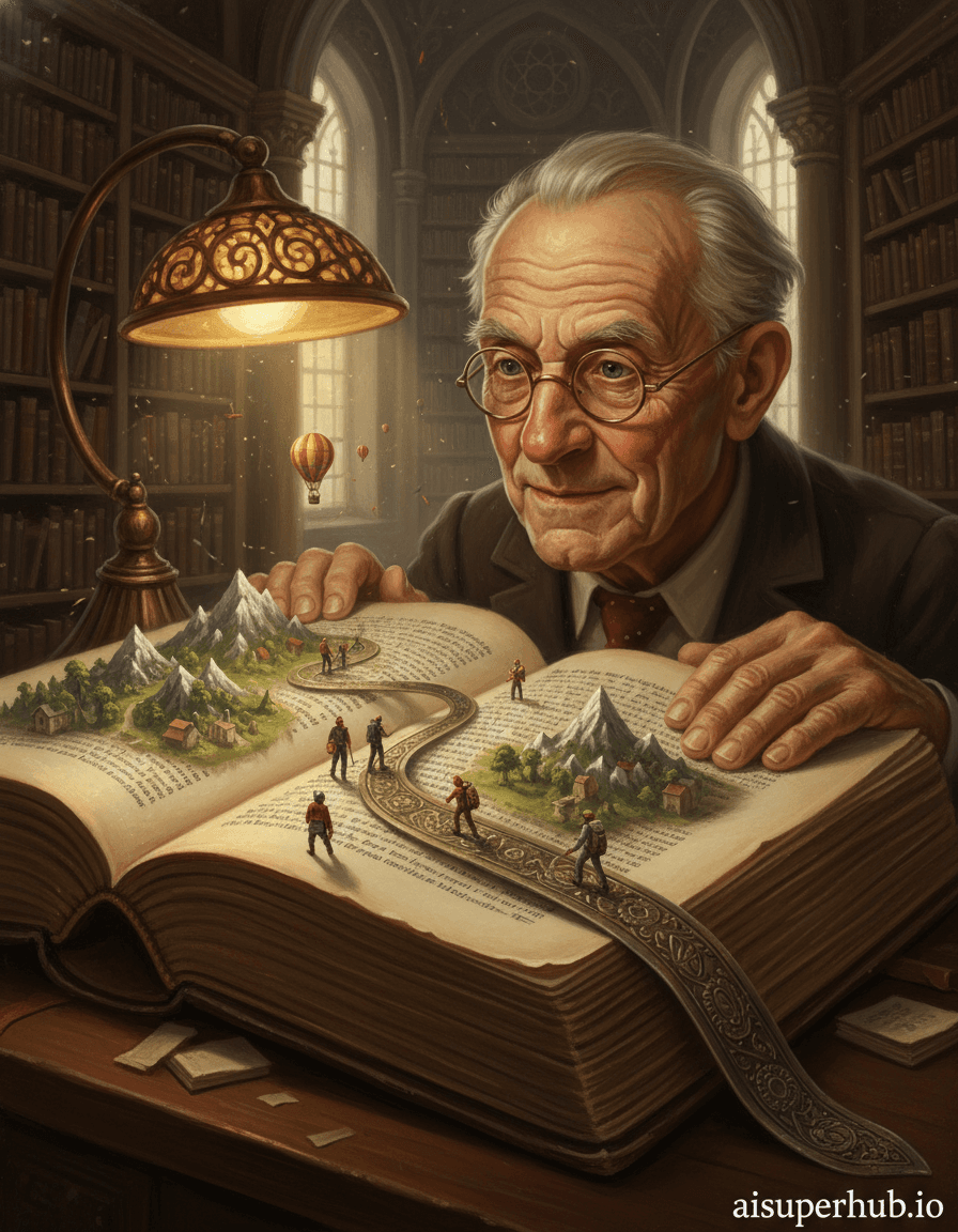 Create a hyper-realistic digital painting depicting a wise old librarian candidly observing tiny explorers traversing the "pagescape" of a colossal ancient book for the Candid portraits. A spectacled librarian leans over a massive open tome, expression a blend of curiosity and wonder. His eyes, fixed on miniature figures, reflect serene wisdom, observing journeys within magical pages. Details to include: intricate micro-carved landscapes on book pages; tiny adventurers rappelling a spine-crease mountain; a miniature hot air balloon over a text-block valley; the librarian's weathered hand near the binding; an ornate, dusty bookmark serving as a river. Set in a grand, dimly lit gothic library. Towering shelves recede; dusty light shafts illuminate motes around the colossal book. Background softly blurred, hinting at vastness. Soft, dramatic chiaroscuro with warm, golden light from an antique lamp, casting long, gentle shadows. This accentuates the book's texture and librarian's face, evoking quiet discovery and magical realism via contrasting scales. Rich, earthy tones: sepia, deep mahogany, antique gold. Complemented by muted greens/blues of miniature landscapes and subtle, vibrant colors of tiny explorers' gear. Whimsical wonder, quiet contemplation, and boundless imagination. Highly detailed fantasy realism, photorealistic macro aesthetic with painterly classical art, evoking Jacek Yerka, cinematic scale. add credits 'aisuperhub.io'