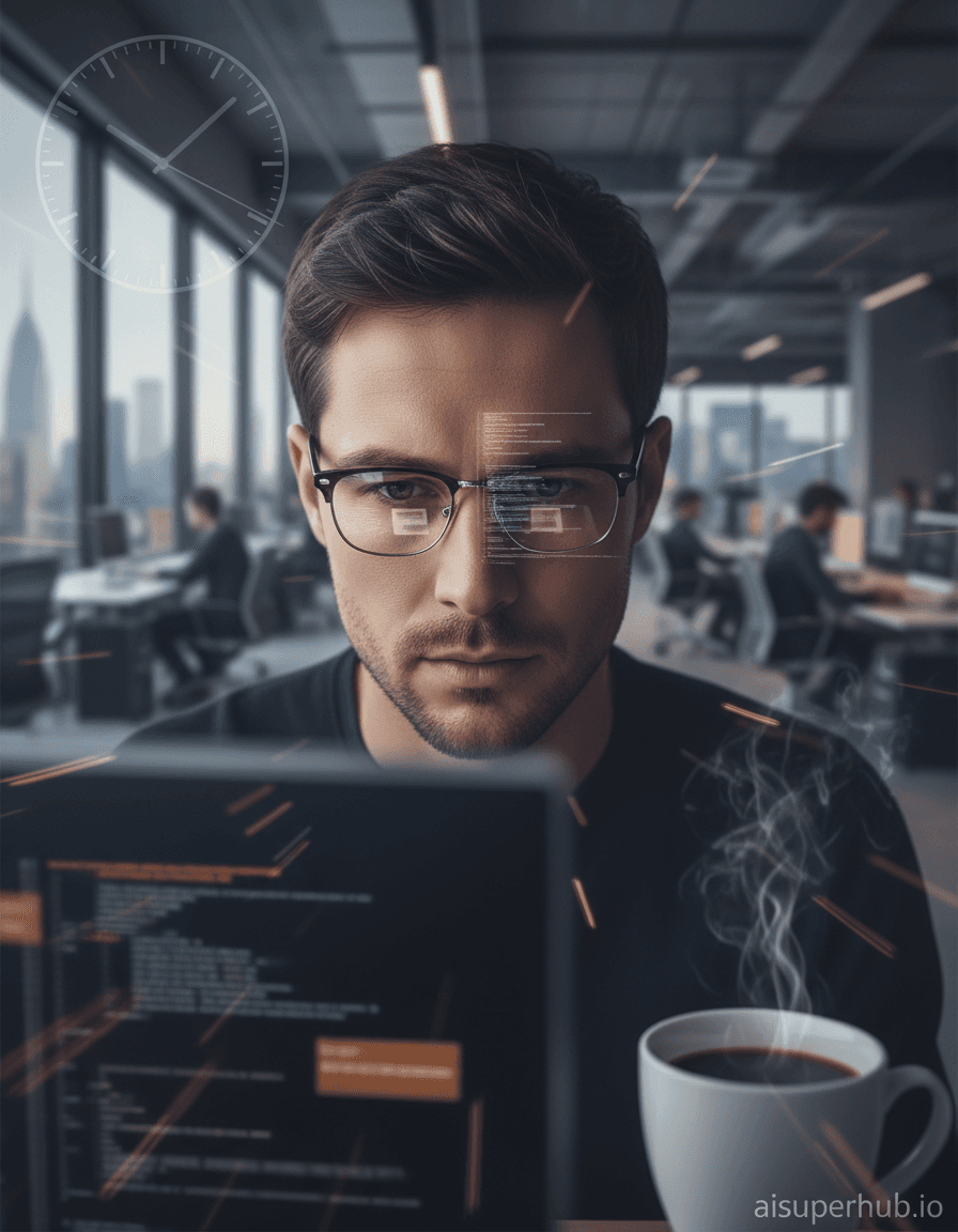 Create a hyper-realistic photograph depicting the ephemeral nature of focus in a bustling office for the Work life shots. A dedicated professional, possibly a software engineer or designer, is captured in a moment of intense concentration. Their face is sharply in focus, eyes fixed on an unseen point or a glowing screen, while the surrounding office environment blurs into abstract shapes of activity.Details to include: Reflections of complex code or data streams shimmering subtly in the character's eyeglasses. A faint, ethereal digital clock face overlayed on the scene, its hands barely visible, suggesting the passage of time. A single, perfectly brewed cup of coffee sits untouched beside them, steam curling delicately upwards. The background reveals a modern, open-plan office, deliberately out of focus, showcasing a flurry of movement, subtle light trails from distant screens, and indistinct figures at other workstations. Glimpses of a high-rise city view can be seen through a large window, adding to the sense of urban dynamism.Soft, directional key lighting illuminates the subject's face, highlighting every nuance of their concentration, contrasting beautifully with the cooler, ambient blues and purples emanating from the blurred background office lights. The emotional intent is one of quiet determination, deep introspection, and a profound sense of being immersed in one's own world despite external pressures. The color palette primarily features muted blues, cool greys, and warm amber accents from screen glow and the coffee, creating a cool yet inviting visual experience. A contemplative and focused atmosphere, capturing the delicate balance between productive solitude and the demands of a dynamic workplace. Cinematic photography, extreme depth of field, sharp focus on the subject, pronounced bokeh effect, realistic textures, modern aesthetic, professional portraiture, atmospheric, high detail, add credits 'aisuperhub.io'.