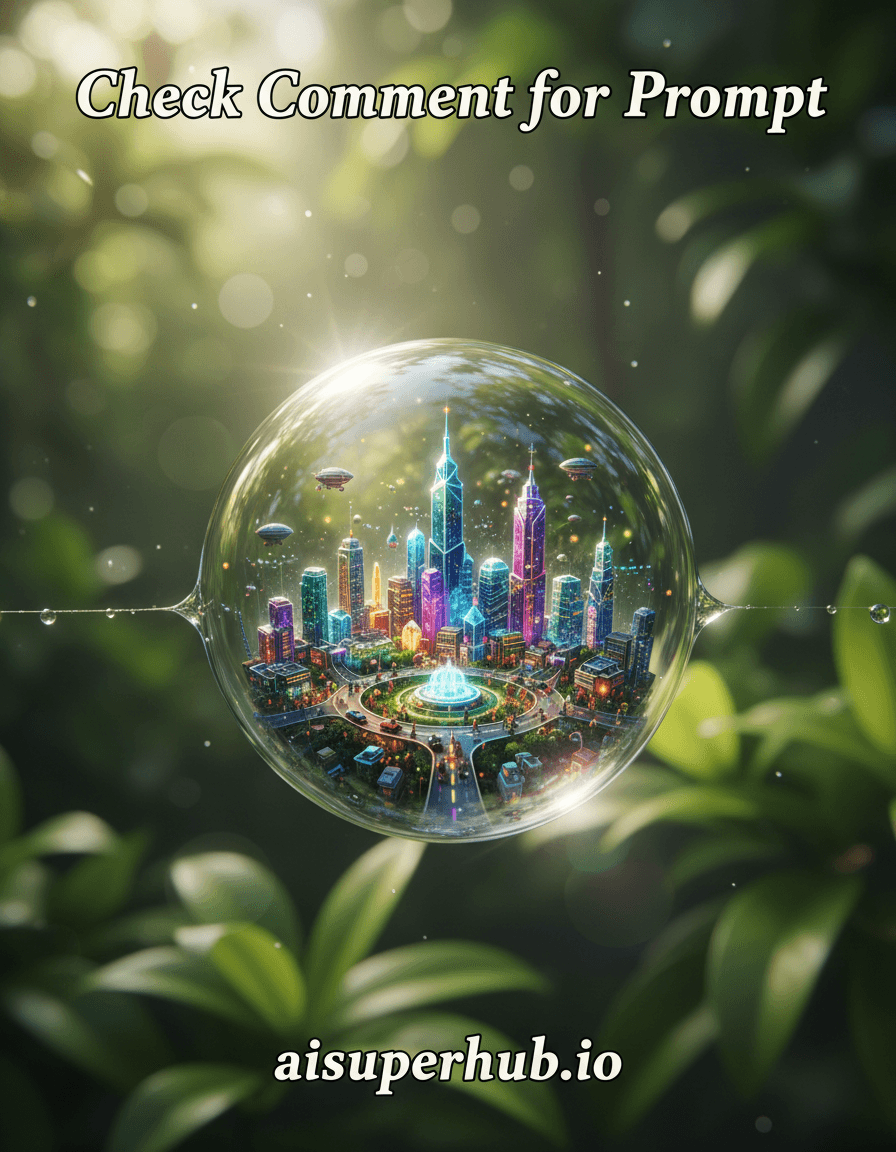 Create a hyper-realistic macro photograph depicting a bustling miniature cityscape contained within a single shimmering dewdrop clinging to a spiderweb strand for the highly detailed, hand-drawn, technical-style illustration. The dewdrop itself acts as a perfect spherical lens, magnifying the tiny, vibrant city nestled within. Microscopic vehicles traverse intricate, bioluminescent streets, while minuscule airships drift between towering, crystal-like skyscrapers that glisten with captured light. Tiny, bustling figures are visible through the droplet's clear surface, engaged in their daily, impossibly small routines. Details to include: Tiny, barely visible energy pathways connecting the buildings; a miniature, glowing fountain at the city's heart; microscopic reflections of a larger, unseen world on the dewdrop's surface; a delicate, almost invisible spider silk strand supporting the dewdrop; overlay text at the top "Check Comment for Prompt" and at the bottom "aisuperhub.io". The dewdrop is perched precariously on a single, almost ethereal strand of spider silk, stretching across a vast, out-of-focus background of lush, verdant forest foliage. Sunlight filters through the leaves, creating soft bokeh effects that frame the miniature world. The surrounding environment should feel immense and natural, providing a stark contrast to the intricate, artificial city within the drop, emphasizing its fragile isolation. The lighting is ethereal and prismatic, with sunlight refracting through the dewdrop, casting vibrant, rainbow-like patterns across the tiny city. Pockets of brilliant, focused light illuminate specific structures, creating a sense of wonder and delicate fragility. The overall lighting should evoke a feeling of awe and discovery, as if peering into a secret, magical realm. A vibrant, jewel-toned palette for the city, featuring emerald greens, sapphire blues, ruby reds, and amethyst purples, all shimmering against a backdrop of soft, diffused greens and browns for the natural environment. The mood is one of breathtaking, miniature grandeur and fragile, impossible beauty. Hyper-detailed, photorealistic macro photography, ethereal, fantastical realism, trompe l'oeil, high resolution, intricate, volumetric lighting, unreal engine, octane render.