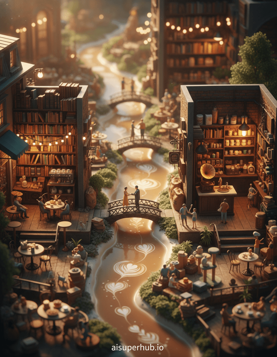 Create a hyper-realistic cinematic still depicting a dreamlike cafe hopping journey. The scene unfolds as a continuous, flowing landscape, where different cafe vignettes are seamlessly connected by a shimmering, latte-colored river. Tiny figures of people are depicted in various stages of joy and relaxation, casually 'hopping' between distinct, beautifully crafted mini-cafe environments, each representing a unique style and atmosphere. Details to include: A miniature barista expertly crafting swirling latte art directly on the coffee river, an intricately designed book cafe where countless tiny books form the structural walls and shelves, an open-air bistro section adorned with delicate string lights and serving exquisite miniature pastries, a whimsical cat cafe segment where playful kittens interact with patrons, and an antique phonograph softly playing jazz from one of the cafe sections. The environment shifts gracefully from a warm, sun-drenched European streetscape on one side to a cozy, dimly lit industrial-chic interior on the other, creating a dynamic contrast. Elements like ornate streetlamps, lush potted plants, exposed brick walls, and shelves filled with artisanal goods transition fluidly, implying an impossible architecture where disparate styles coexist harmoniously, forming a vibrant, bustling mini-metropolis dedicated to coffee culture. Soft, golden hour lighting bathes the entire scene, casting long, warm shadows and creating a sense of comforting nostalgia and serene contentment. Pockets of brilliant, focused light highlight key interactions and intricate details, inviting the viewer's eye to linger, evoking a feeling of joyful discovery. The color palette is warm and inviting, dominated by rich coffee browns, creamy latte beiges, deep espresso blacks, accented with pops of vibrant teal, mustard yellow, and rose gold. Whimsical, bustling, and utterly enchanting, celebrating the joy of discovery and the comfort of connection. Detailed miniature photography, magical realism, diorama aesthetic, hyper-detailed, whimsical, dreamy, impossible architecture, fantasy art, with overlay text 'aisuperhub.io' at the bottom.