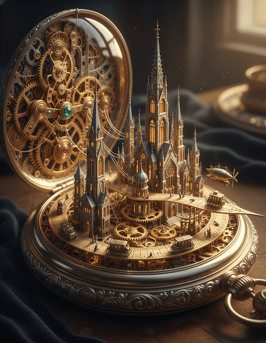 Create a hyper-realistic digital painting depicting a bustling metropolis built entirely within the intricate mechanisms of a vintage pocket watch for the Vintage edits. A vibrant, miniature city; luminescent vehicles traverse polished brass gear-avenues; minuscule skyscrapers rise from jeweled pivots, their windows glowing warmly. Details: Microscopic figures on minute hand bridge; grand clockwork cathedral spire reaching crystal dome; coiled hairspring power lines; tiny steampunk airship docking on hour hand; city light reflections on polished metal. Environment: Open, polished interior of a meticulously crafted antique pocket watch; ornate gold/silver casing frames cityscape. Ajar back cover reveals velvety dark fabric, suggesting it rests on luxurious, aged desk, background softly blurred, emphasizing the intricate marvel. Lighting: Dramatic, warm chiaroscuro. Golden light filters through imagined openings, casting long shadows across gear-avenues, illuminating architectural details. Ambient light from watch crystal creates wonder; building lights emit soft, inviting glow, evoking urban energy, hidden marvel. Color palette: Rich golds, burnished bronzes, deep coppers, cool silvers, accented emerald green/ruby red jewel tones. Soft amber/cream for city lights, contrasting deep, velvety browns/blacks for shadows. Mood: Whimsical, intricate, awe-inspiring, inviting close inspection, sparking curiosity. Style: Hyper-realistic digital painting, macro photography aesthetic, steampunk fantasy, intricate mechanical art, cinematic, high contrast, golden hour, highly detailed. aisuperhub.io