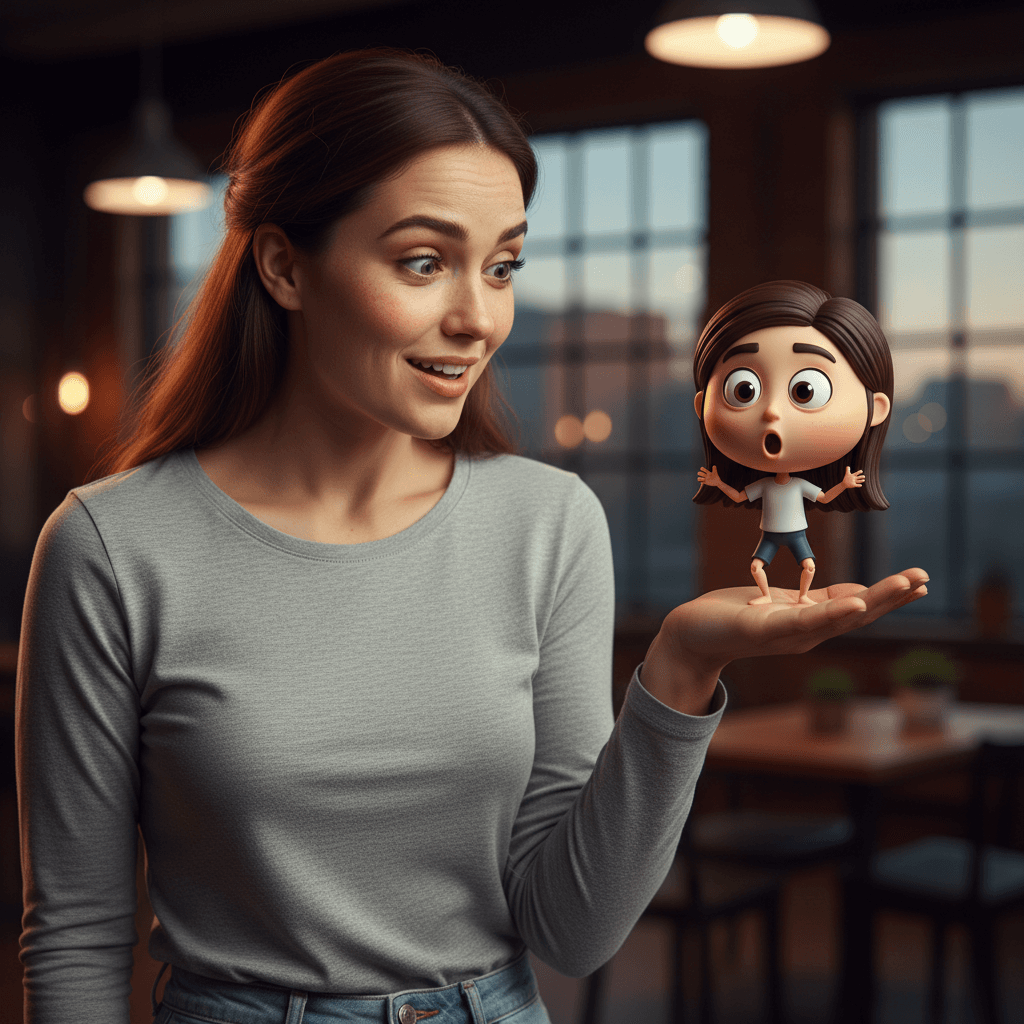 Create an image of this woman in the above image in 9:16 ratio.
Ultra-realistic cinematic portrait of a real person, fully visible face, natural human skin texture with pores and subtle imperfections, realistic hair strands, wearing simple casual clothing. The person is holding a small 3D miniature version of themselves from behind, resting gently on one hand.
The real person looks at the miniature with clear astonishment and slight amusement, eyebrows raised, soft smile, expressive eyes. Facial expression feels spontaneous and authentic. The miniature version closely resembles the real person in facial structure, hairstyle, and outfit, but rendered in a smooth high-quality 3D cartoon style. The miniature has a disproportionately large cartoon head, exaggerated funny facial expression, lively eyes, and playful wiggling arms and legs. The stylization feels clean and modern, not toy-like, not doll-like, and not plastic.
Both characters wear matching casual clothes with accurate color and fabric consistency. The scale difference is obvious and visually humorous.
Background is deep, cinematic, and dramatic with soft blur and strong depth of field. Lighting is professional cinematic lighting with clear subject separation, soft highlights on skin, and subtle rim light around both figures.
Ultra-detailed textures for the real person. Clean, realistically styled 3D textures for the miniature. Balanced realism and humor. No surreal distortions. No horror. No fantasy elements. Sharp focus, 8K resolution, cinematic color grading, fun, expressive, and perfect for meme content.